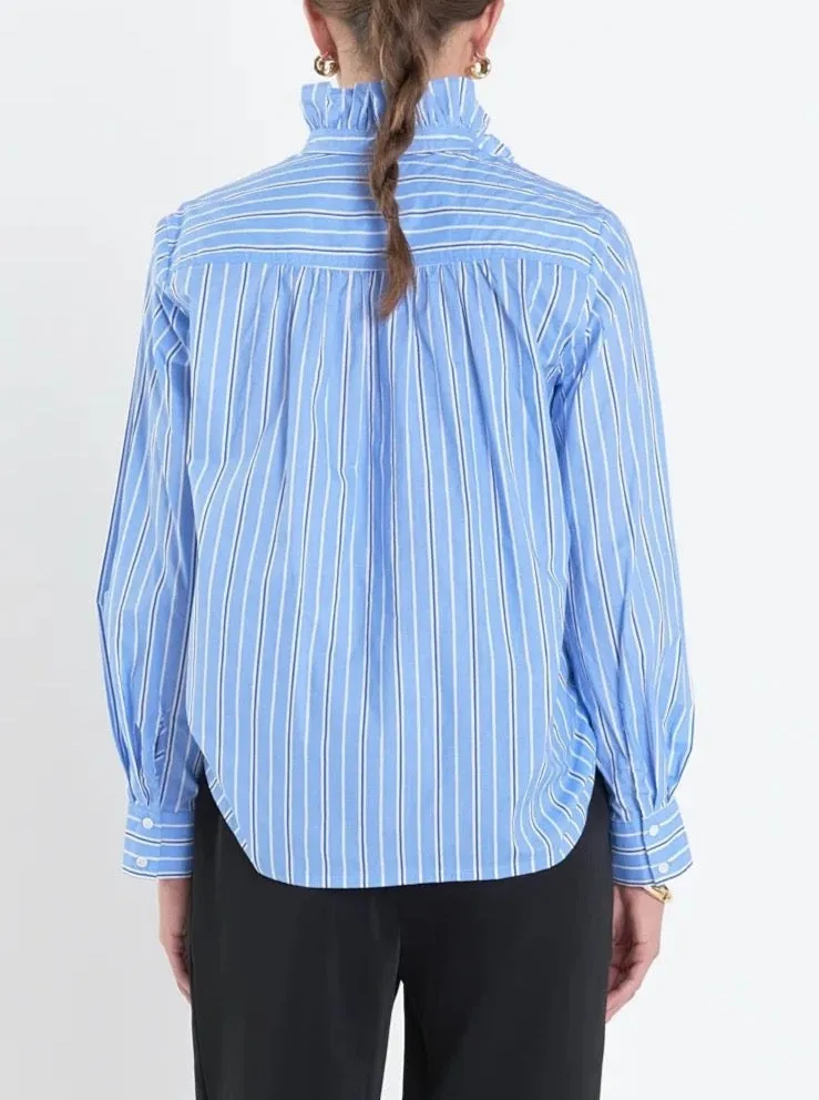 Blue Striped Ruffle Blouse Easy to Wear