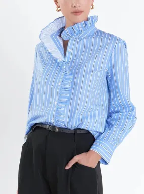 WrinkleFree Structure Circular Knit Technology Blue Striped Ruffle Blouse