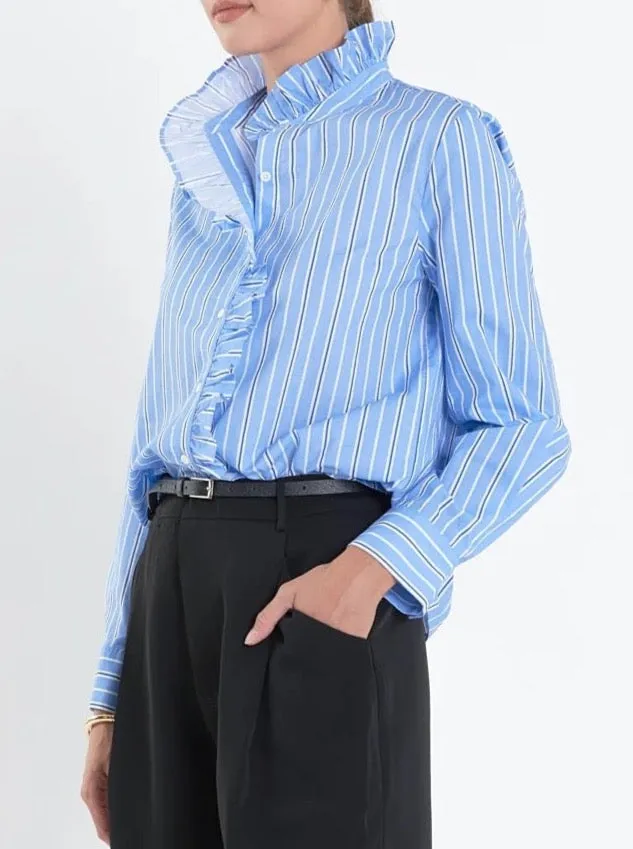 Blue Striped Ruffle Blouse Formal Shirt NonScratchyLining