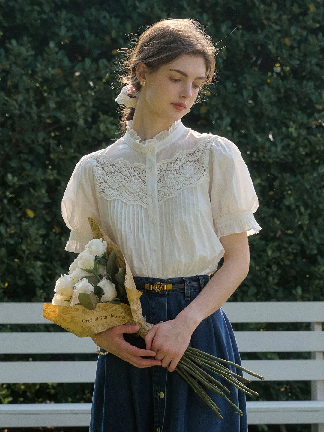 AthleticInspired Octavia Mock Neck Hollow Lace Patchwork Puff Sleeve Blouse