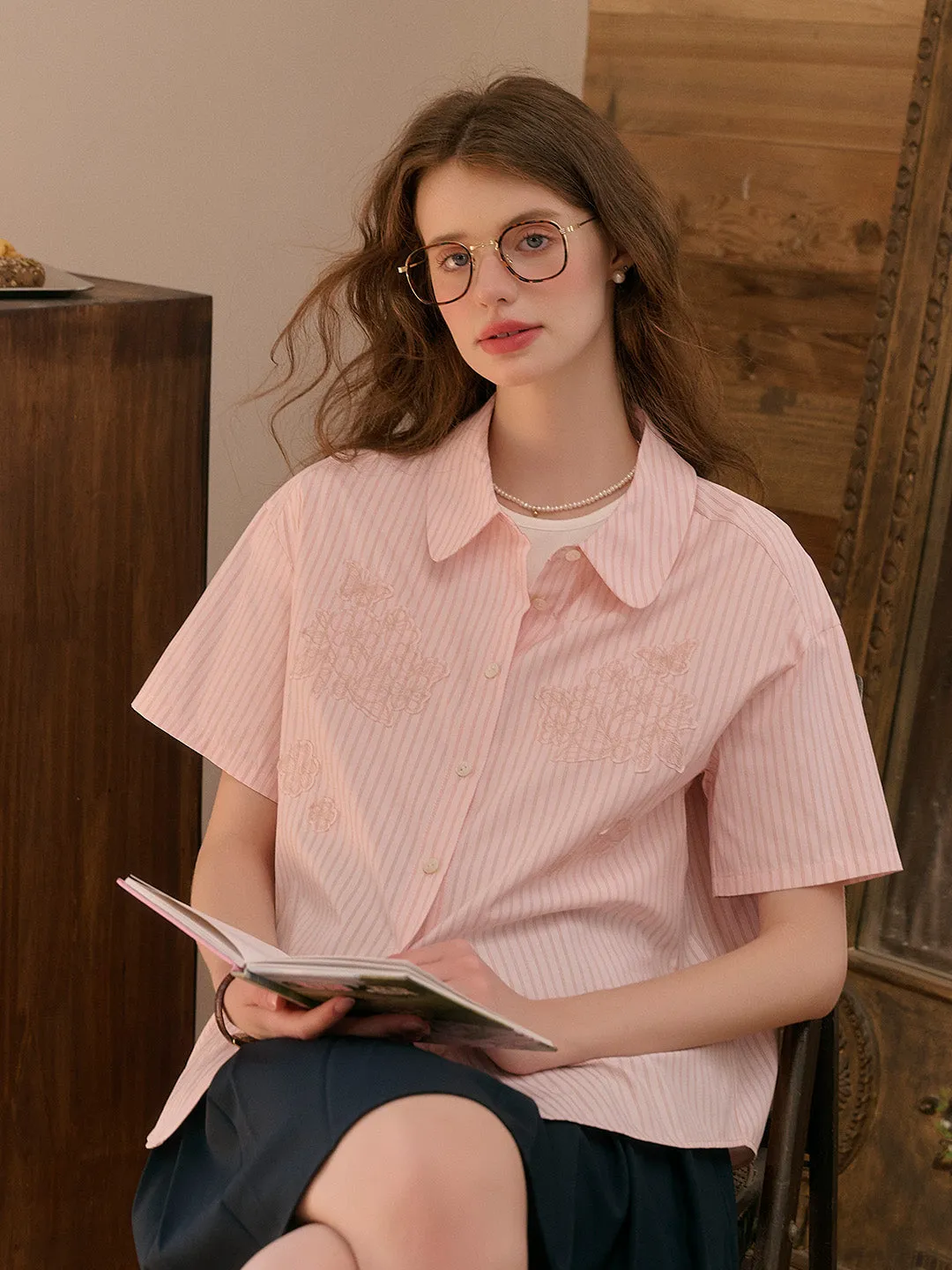 Eden Lapel Embroidery Striped Top Contrast Topstitching Detail