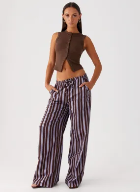 Minimal Look SmoothZipper Fresh Face Linen Pants - Purple Brown Stripe