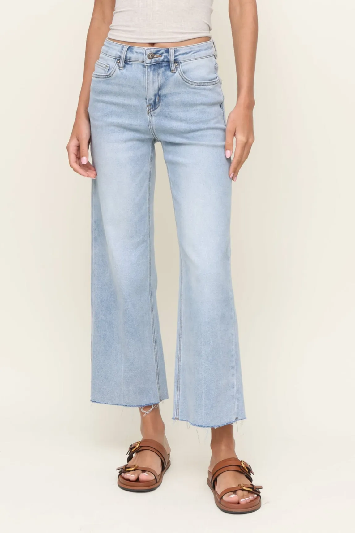 High Rise Wide Leg Raw Hem Adjustable drawstring Adjustable loop