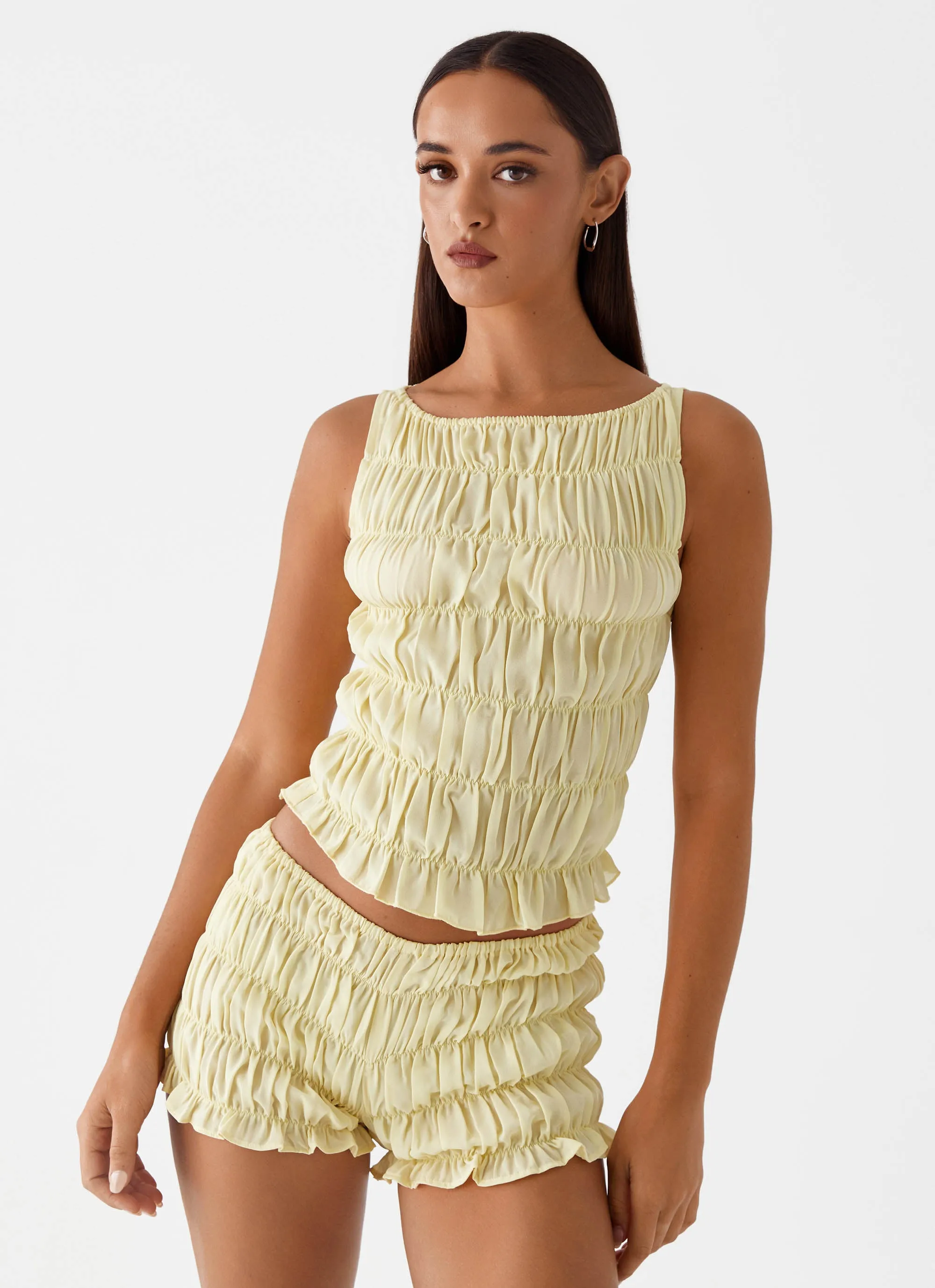 Girls Like Us Ruched Mini Shorts - Yellow AdjustableWaistband