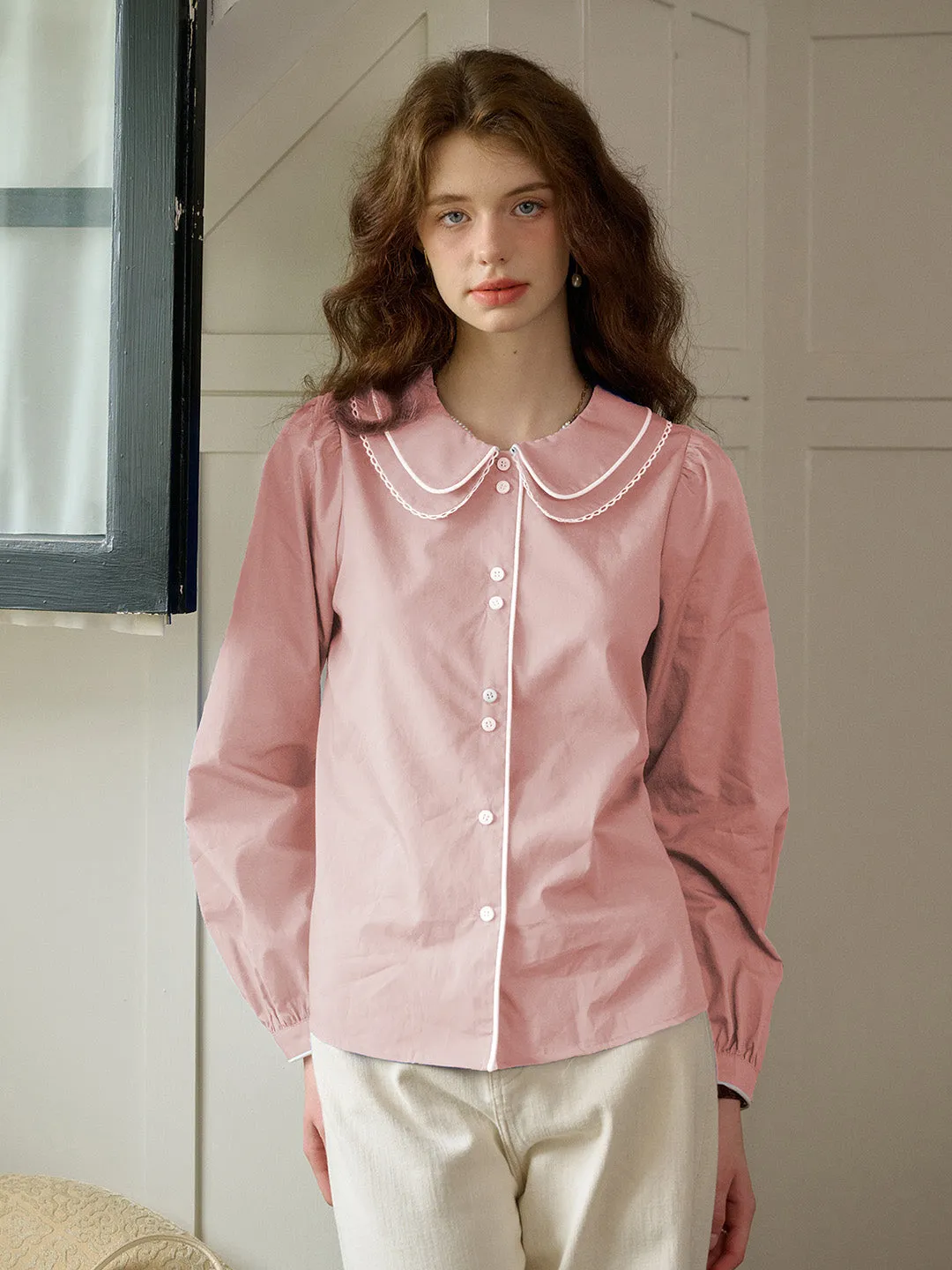 Button Down Collar Style Reinforced Hems ??Final Sale??Courtney Round Neck Cotton Blouse