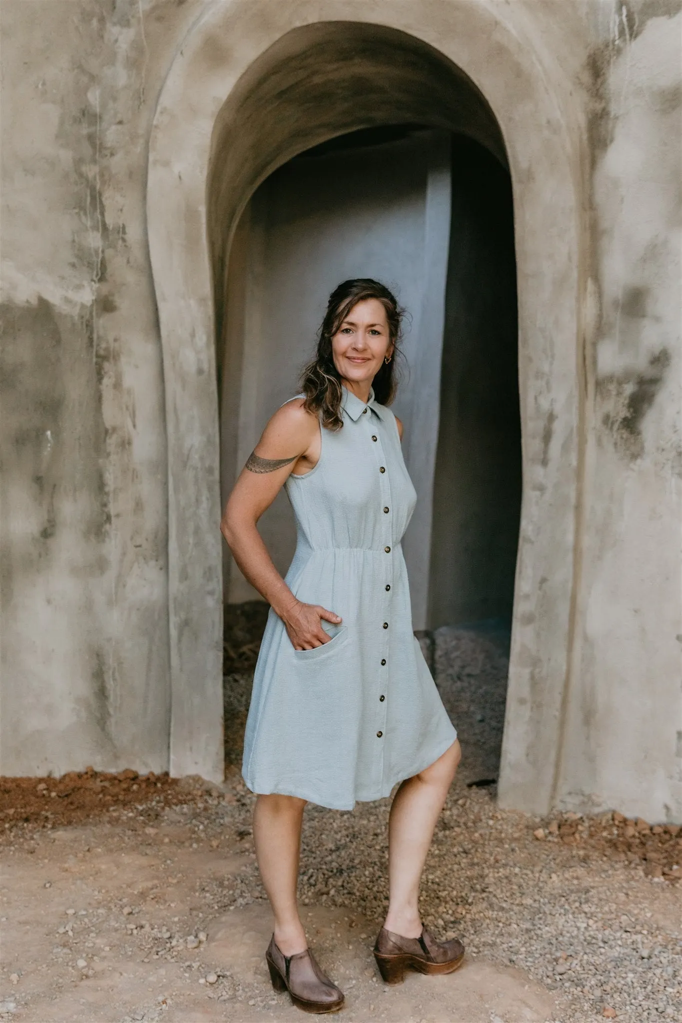 Mona Dress in BB Blue Texture Cotton Modern Motion Sophisticated Layers