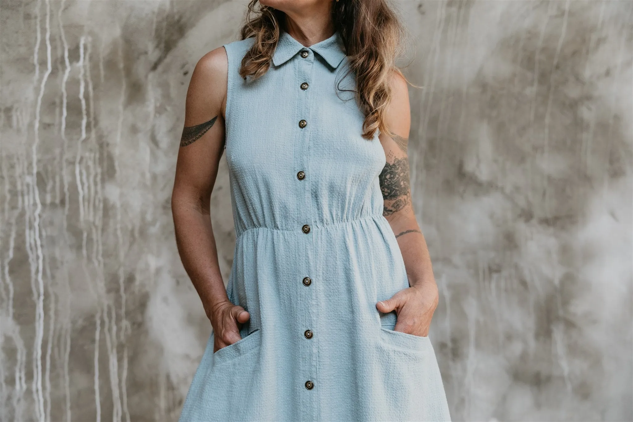 Formal Look Garden Scene Mona Dress in BB Blue Texture Cotton