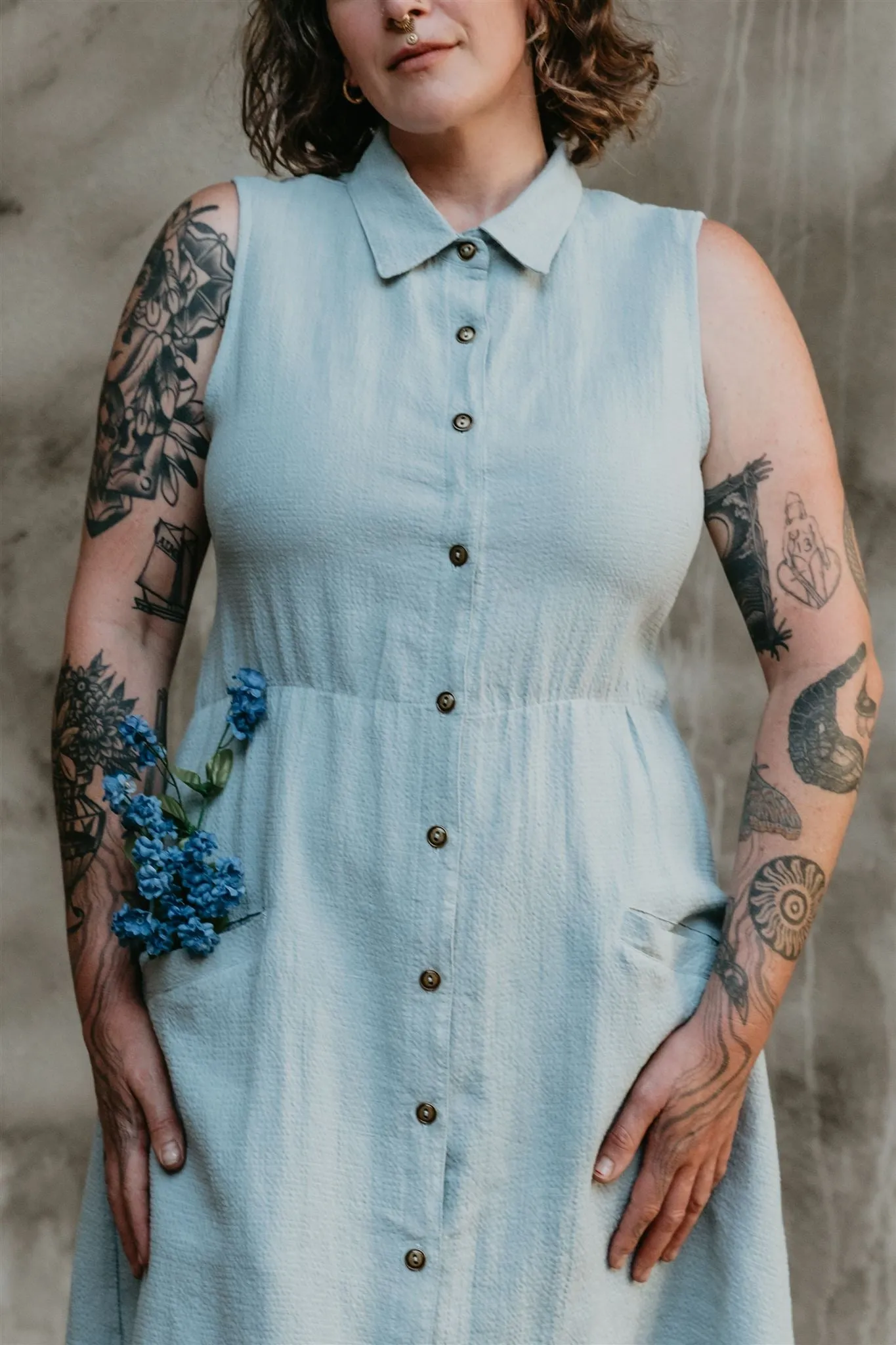 Mona Dress in BB Blue Texture Cotton Elegant Wearable