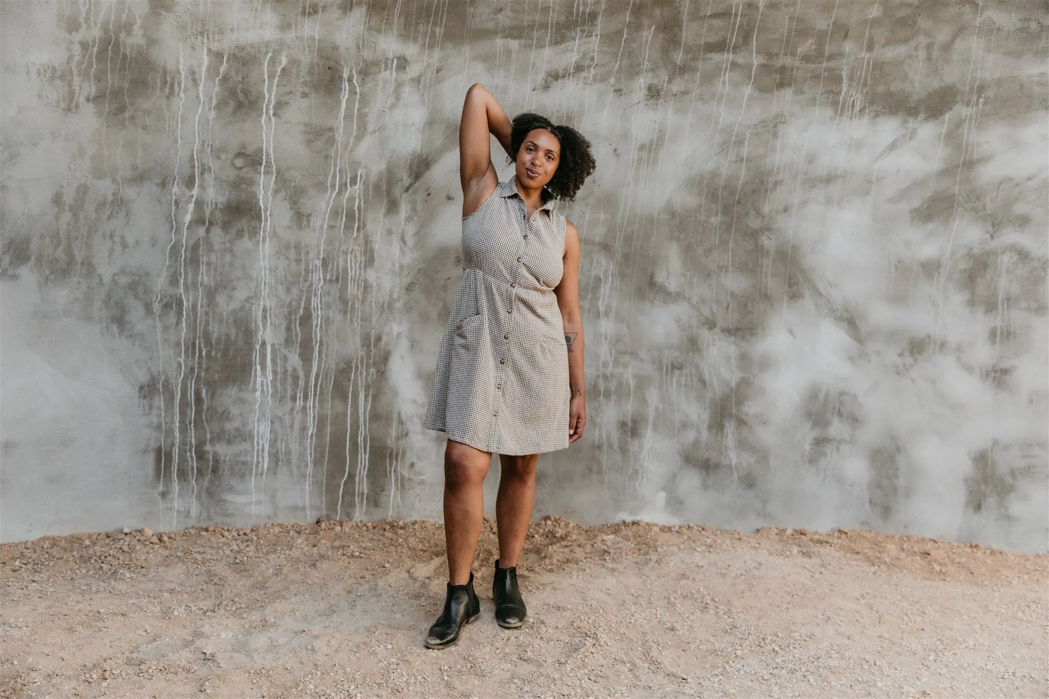 Spring-Season Olive Tone Mona Dress in Black & Oat Cotton Gingham