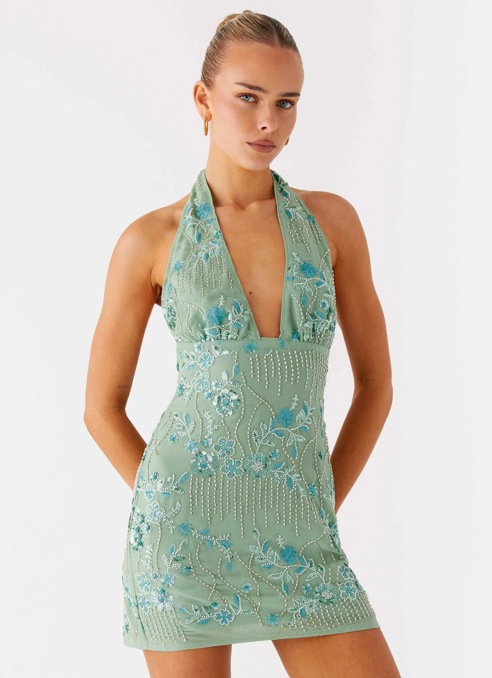 Monet Beaded Mini Dress - Mint Front Slit