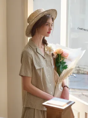 Monica V-Neck Lapel Plaid Cotton Blouse Earthy Tone Colorways Tagless Comfort Collar