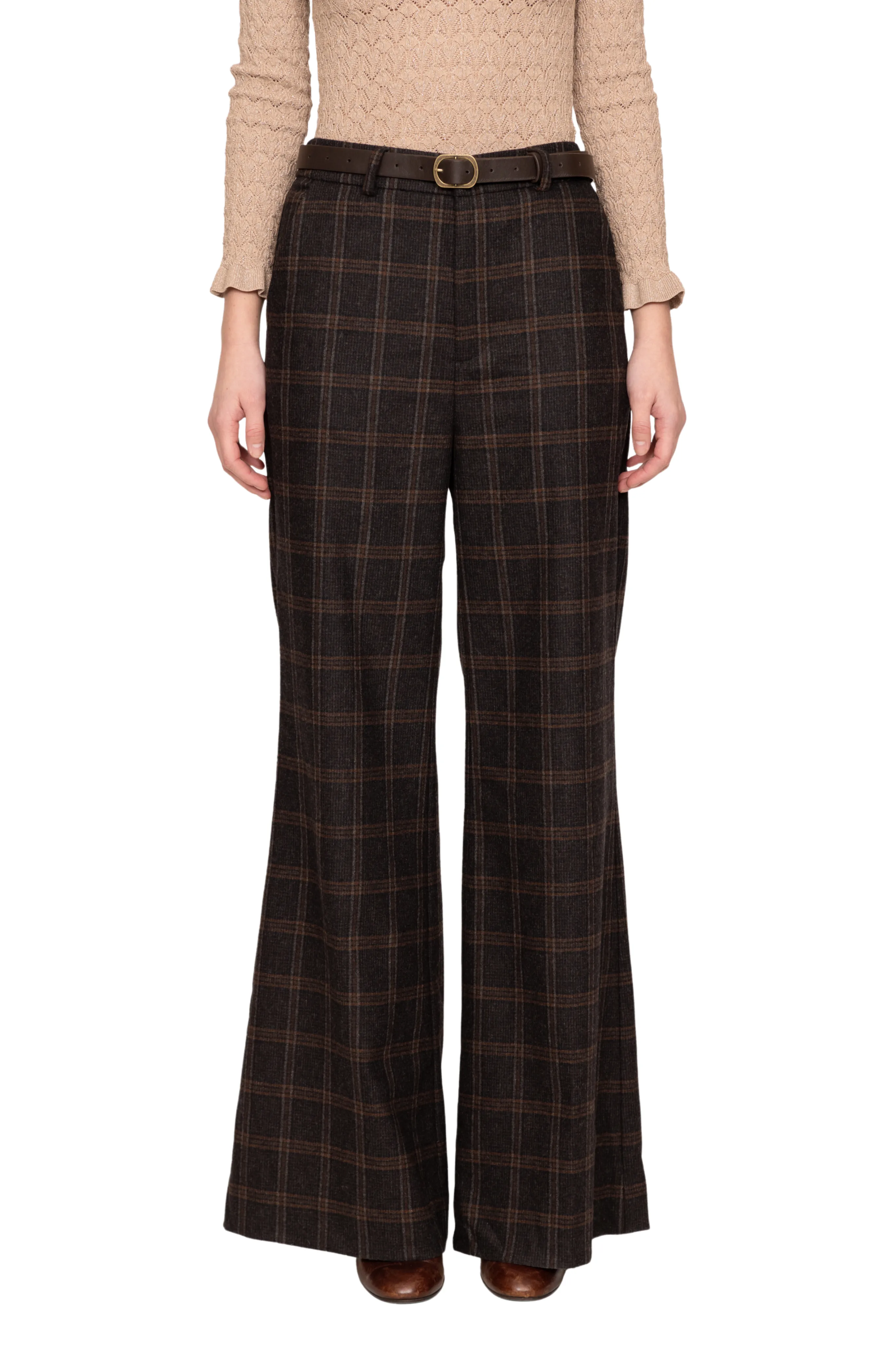 Monroe Wool Plaid Belted High Waisted Pant Work Essential Stable Shape