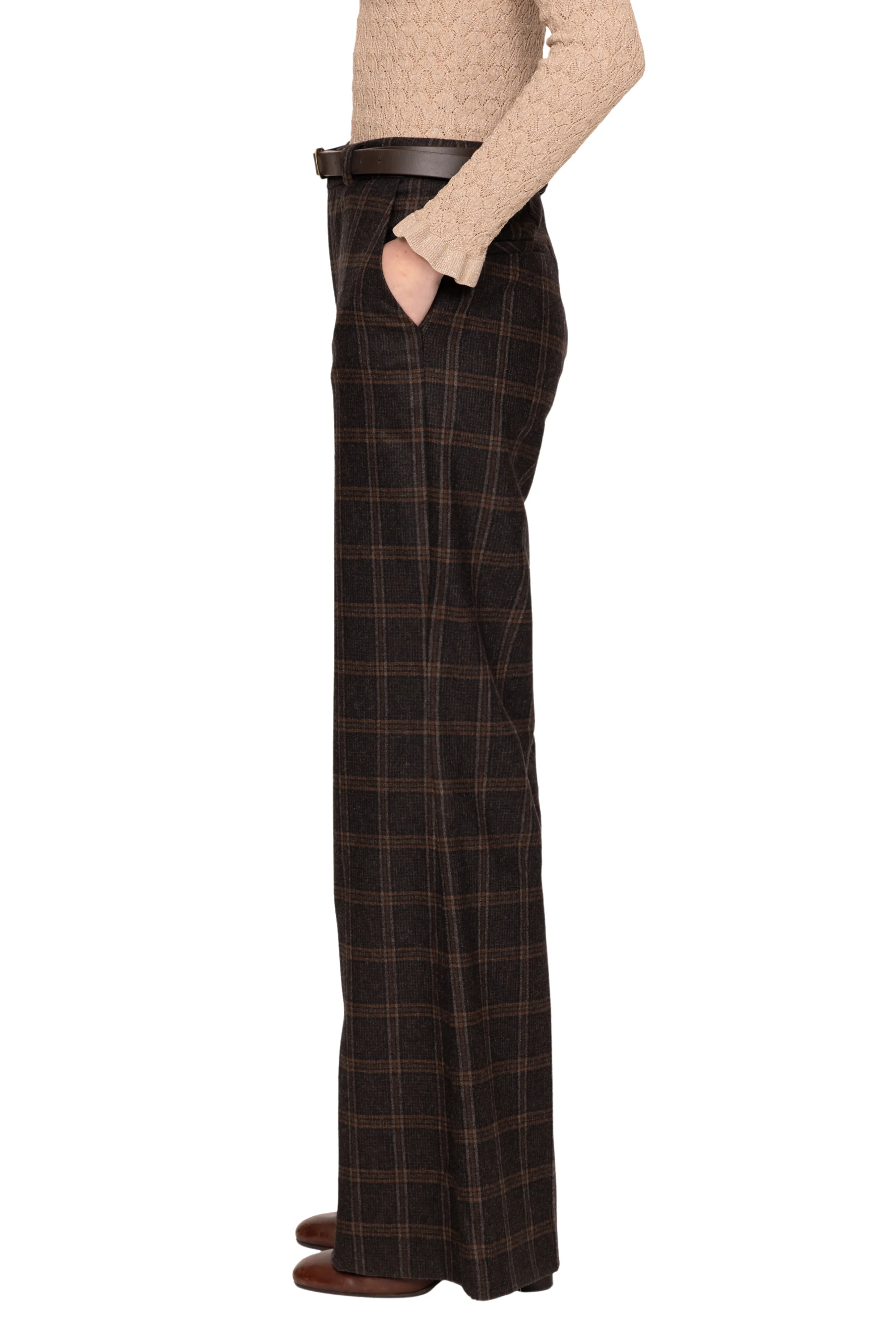 Temperature Regulating Fabric Monroe Wool Plaid Belted High Waisted Pant