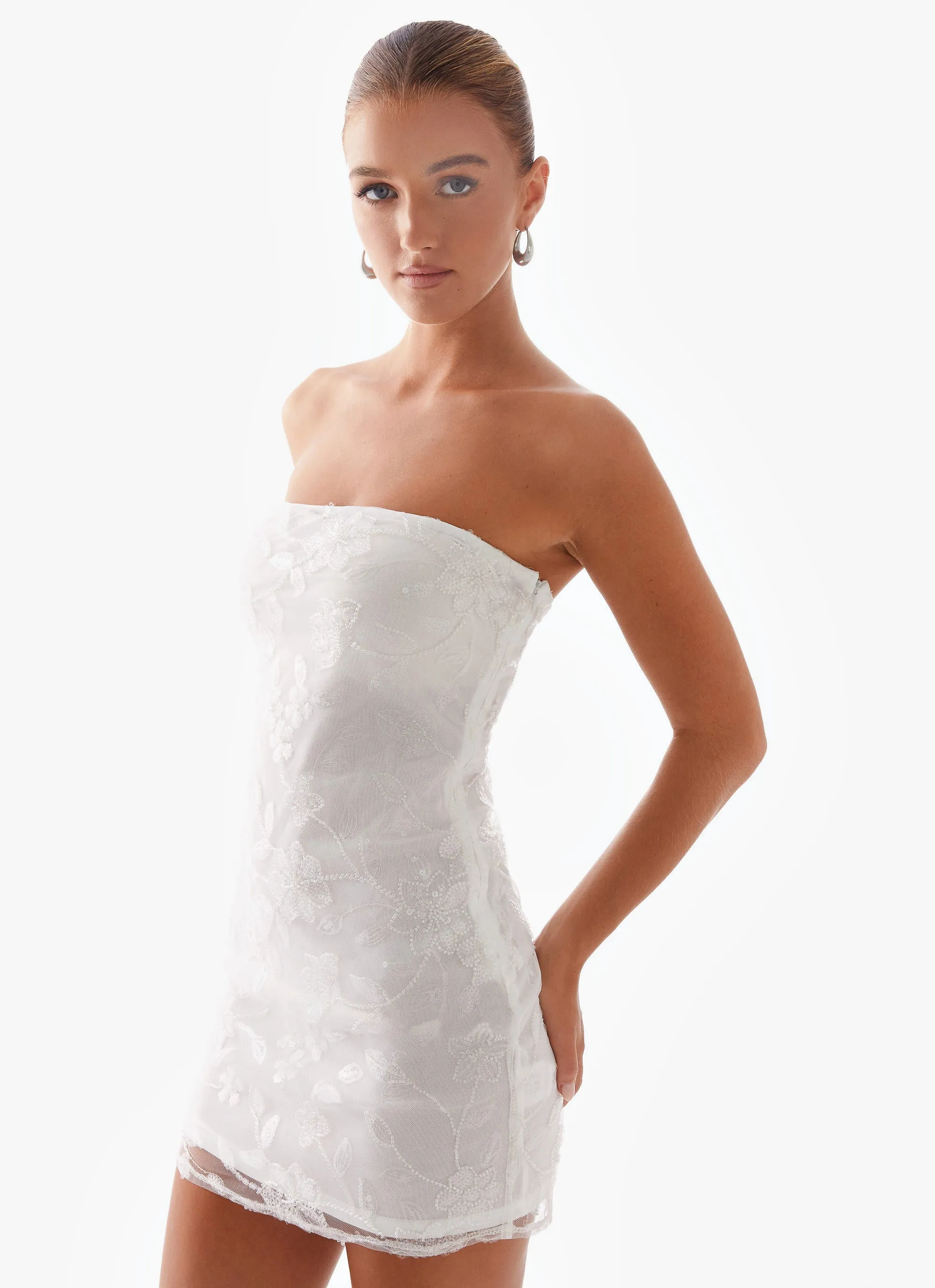 Moorey Beaded Mini Dress - White Silver Color Glow