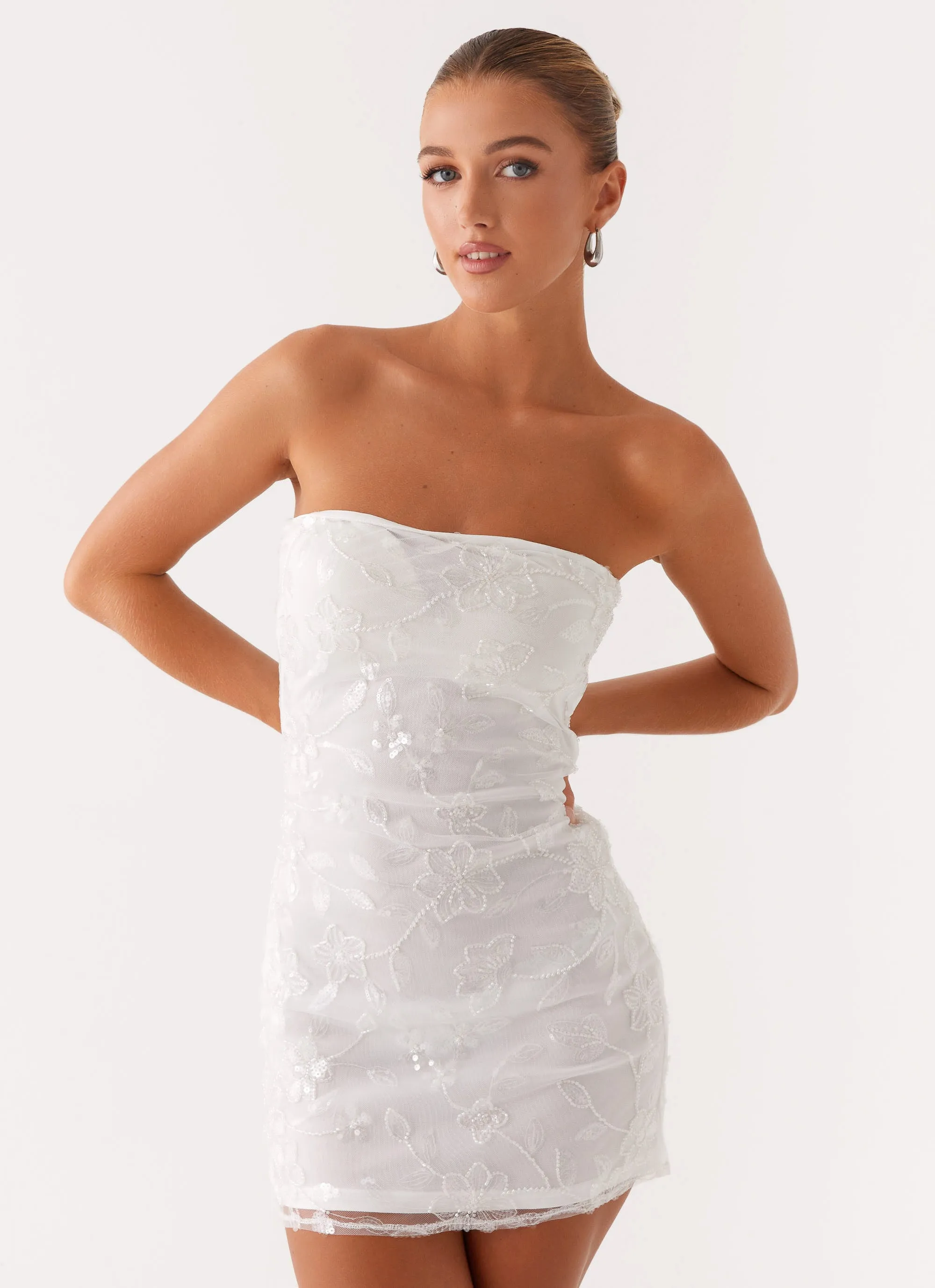 Linen blend Art Gallery Visit Moorey Beaded Mini Dress - White Silver