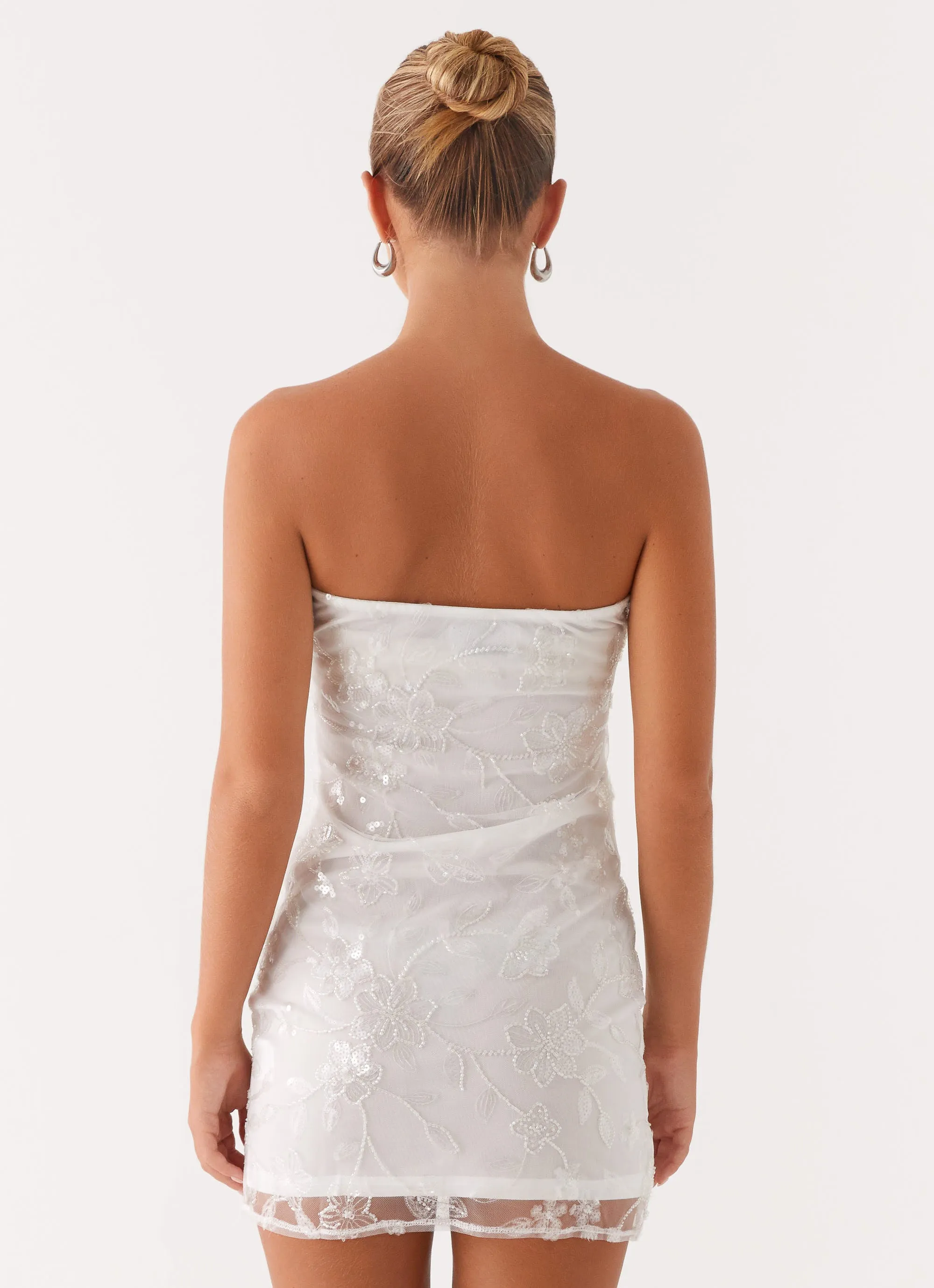 Mesh-Sleeve Seamless-Look Moorey Beaded Mini Dress - White Silver