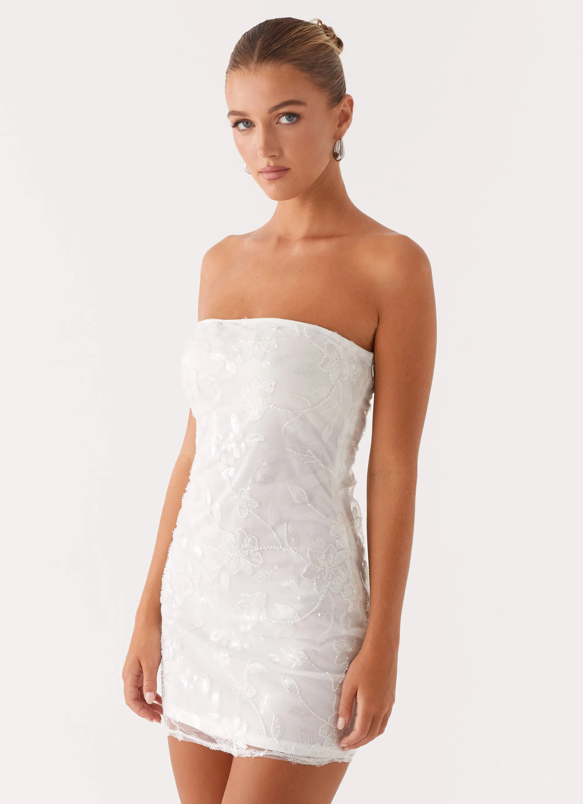 Fold Over Detail Moorey Beaded Mini Dress - White Silver