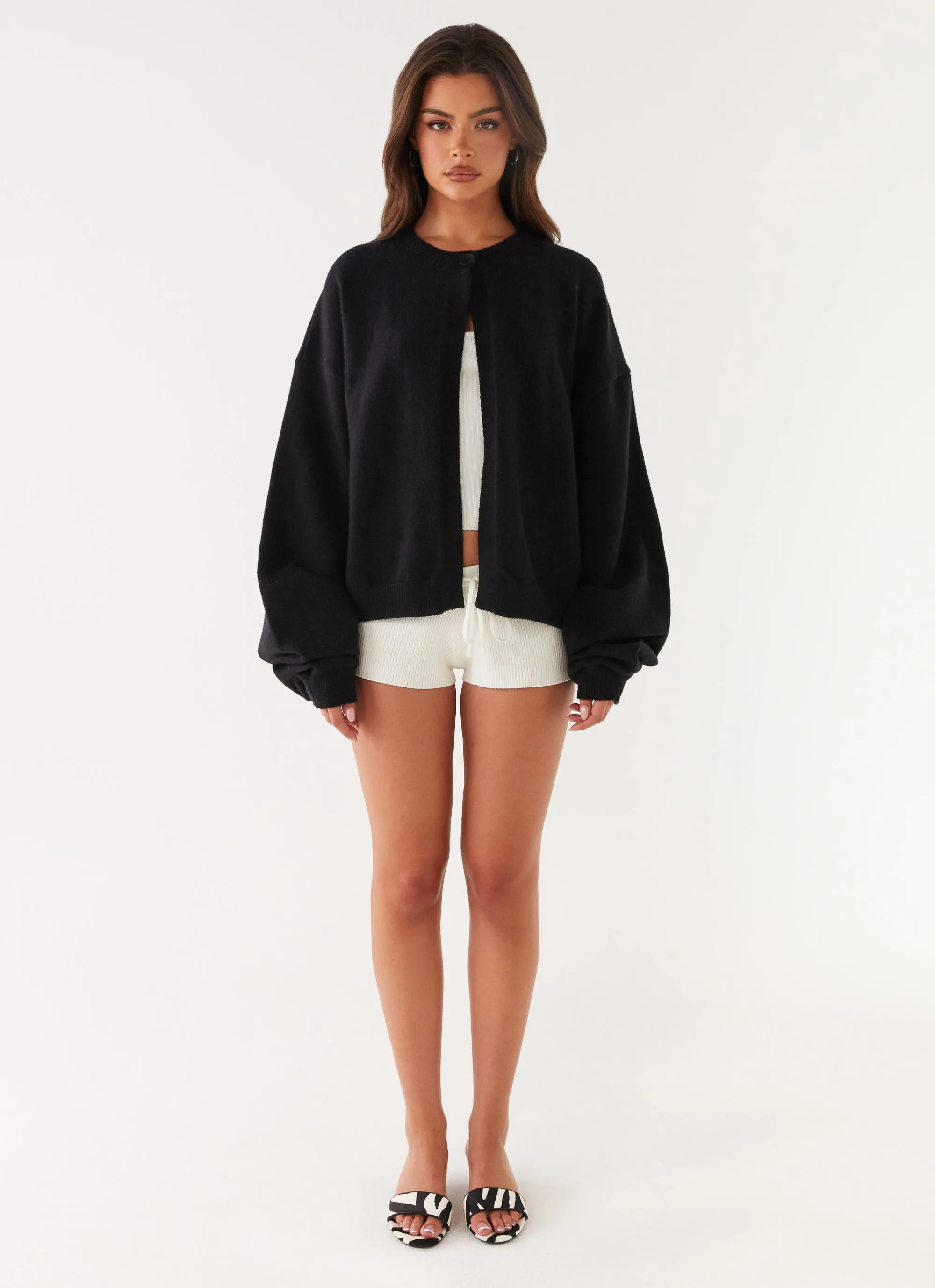 Annie One Button Cardigan - Black Elasticized Waist Minimal Detailing