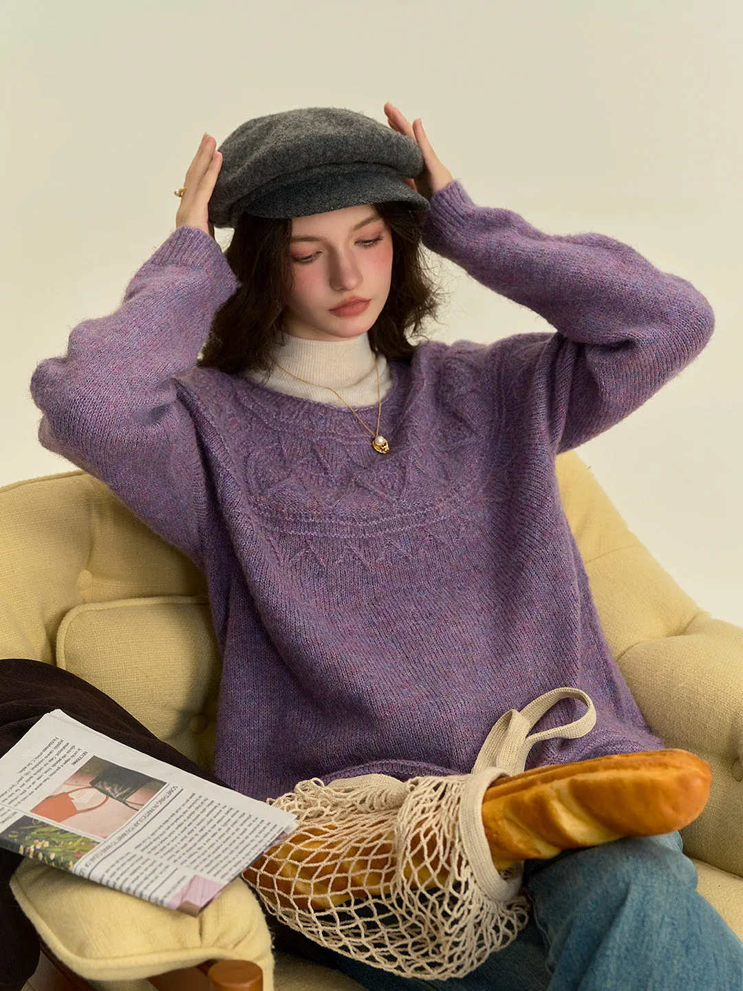 Arely Classic Round Neck Knitted Wool Sweater - Pink Stain Repellent Coating