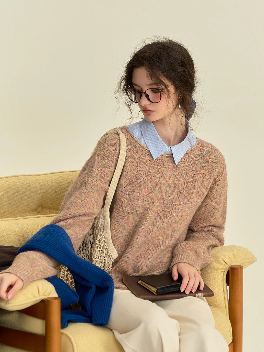 Arely Classic Round Neck Knitted Wool Sweater - Pink anti static coating Lightweight