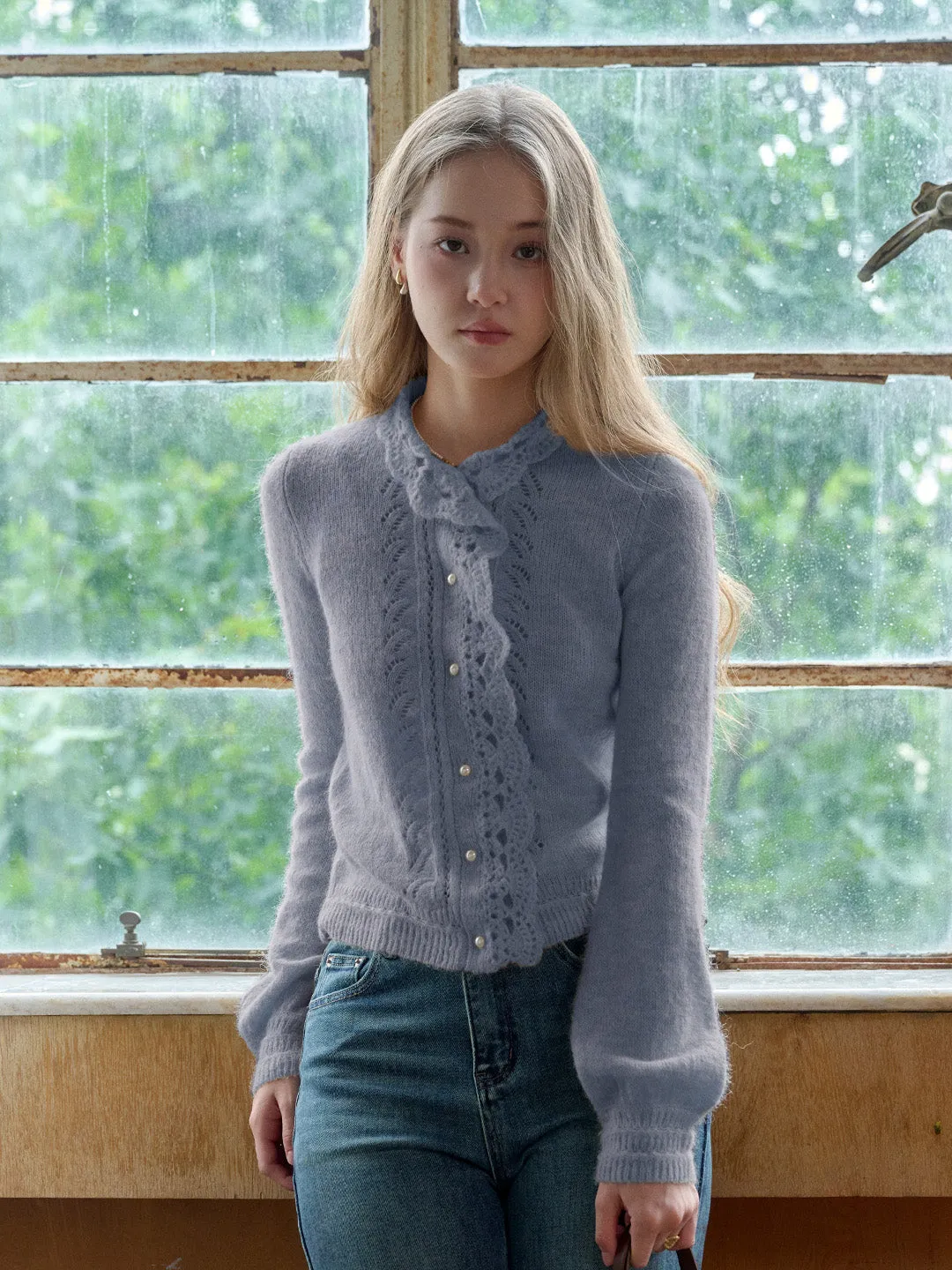 Lauren Wavy Collar Hollow Knit Cardigan Everyday Comfort Summer Blouse