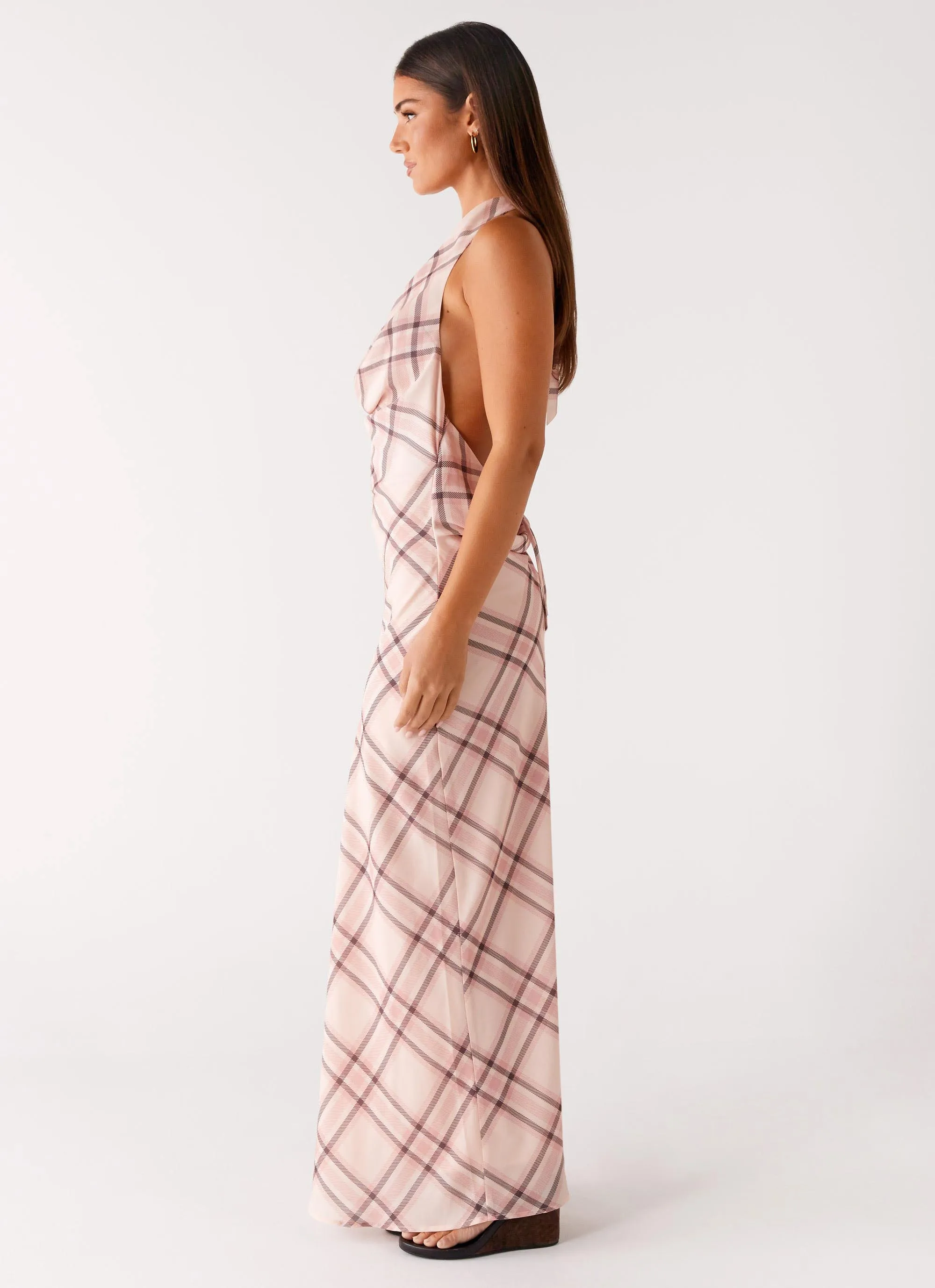 Street Casual Wave Soft Muse Maxi Dress - Pink Check