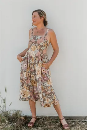 Myrah Dress in Muted Floral Crepe Easy Movement Lace Accent