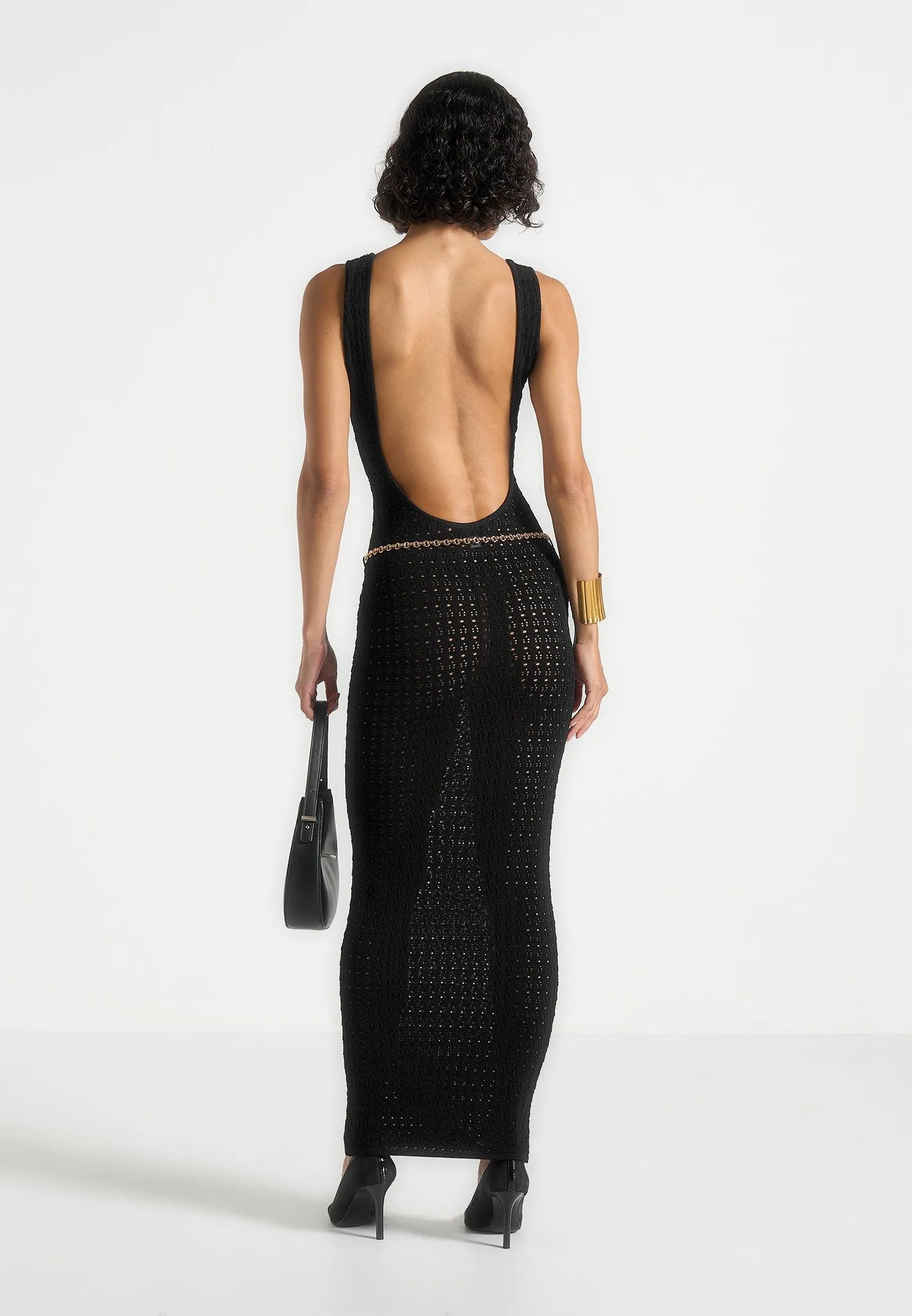 Pleated design Myriam - Pointelle Plunge Midaxi Dress With Chain - Black