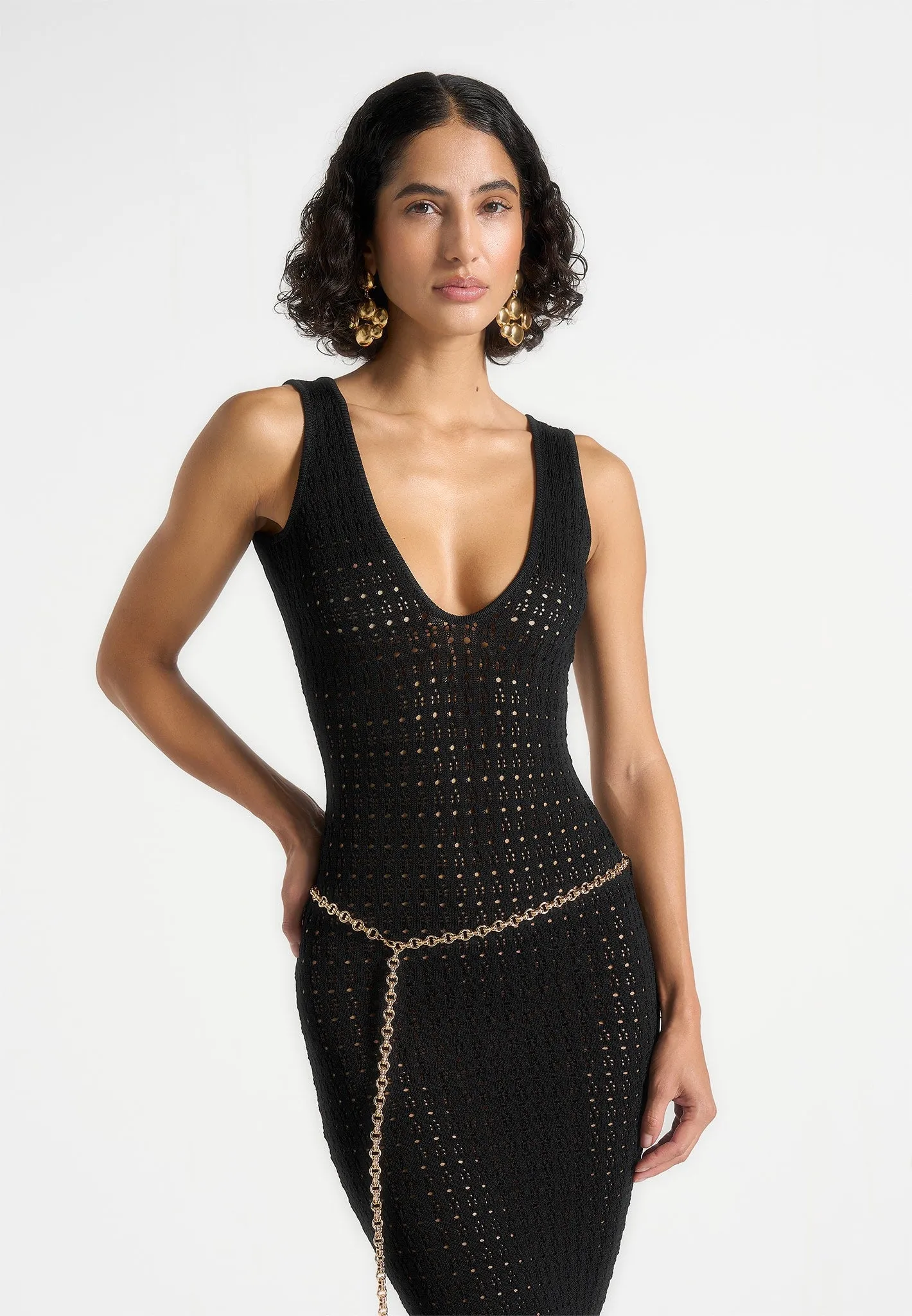 Myriam - Pointelle Plunge Midaxi Dress With Chain - Black Neutral Mood Light Soft
