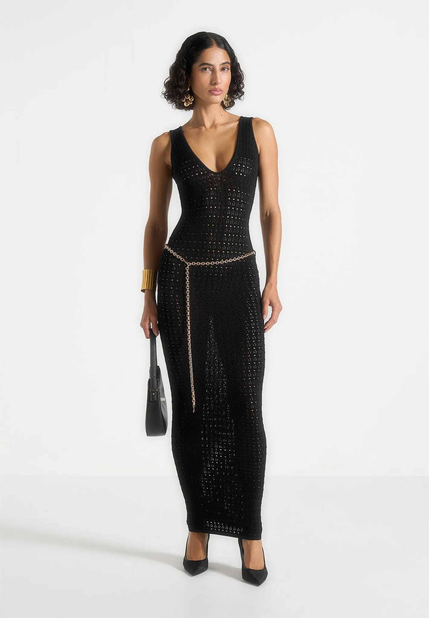 Edgy Look Myriam - Pointelle Plunge Midaxi Dress With Chain - Black