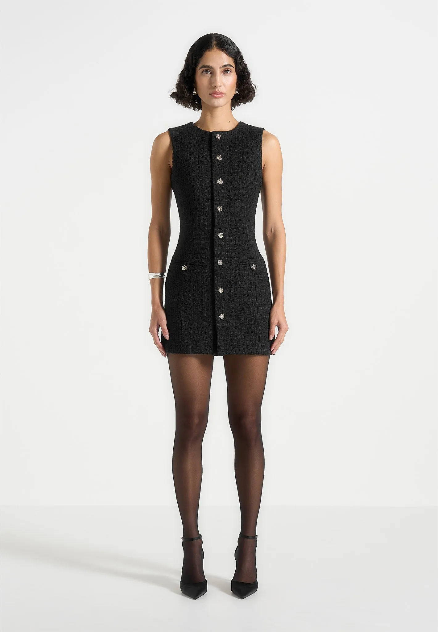 Nadine - Tweed Mini Dress - Black Lightweight-Comfort