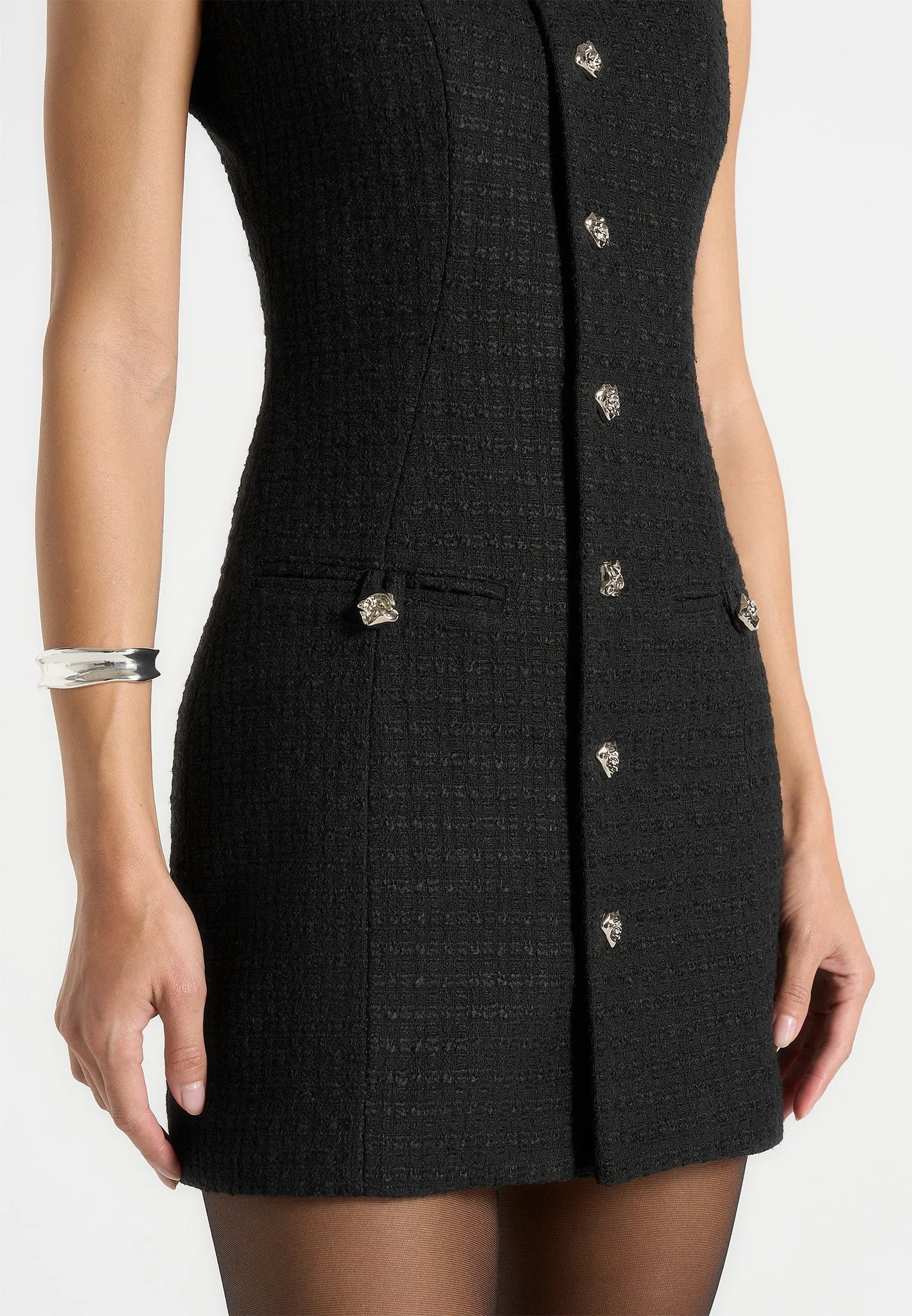 Nadine - Tweed Mini Dress - Black Sleek long-sleeve dress Holiday-Party