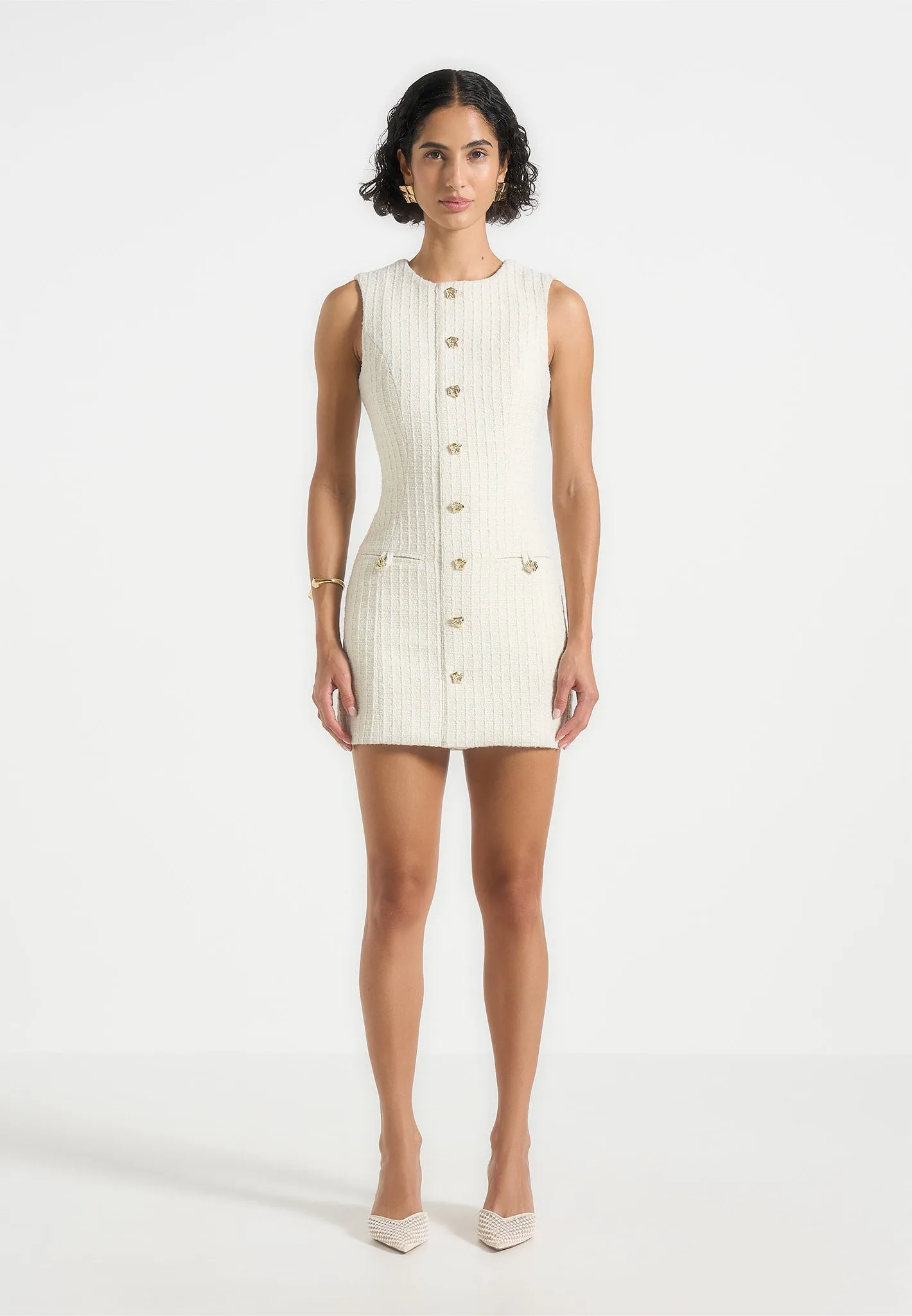Soft Stretch Nadine - Tweed Mini Dress - Cream