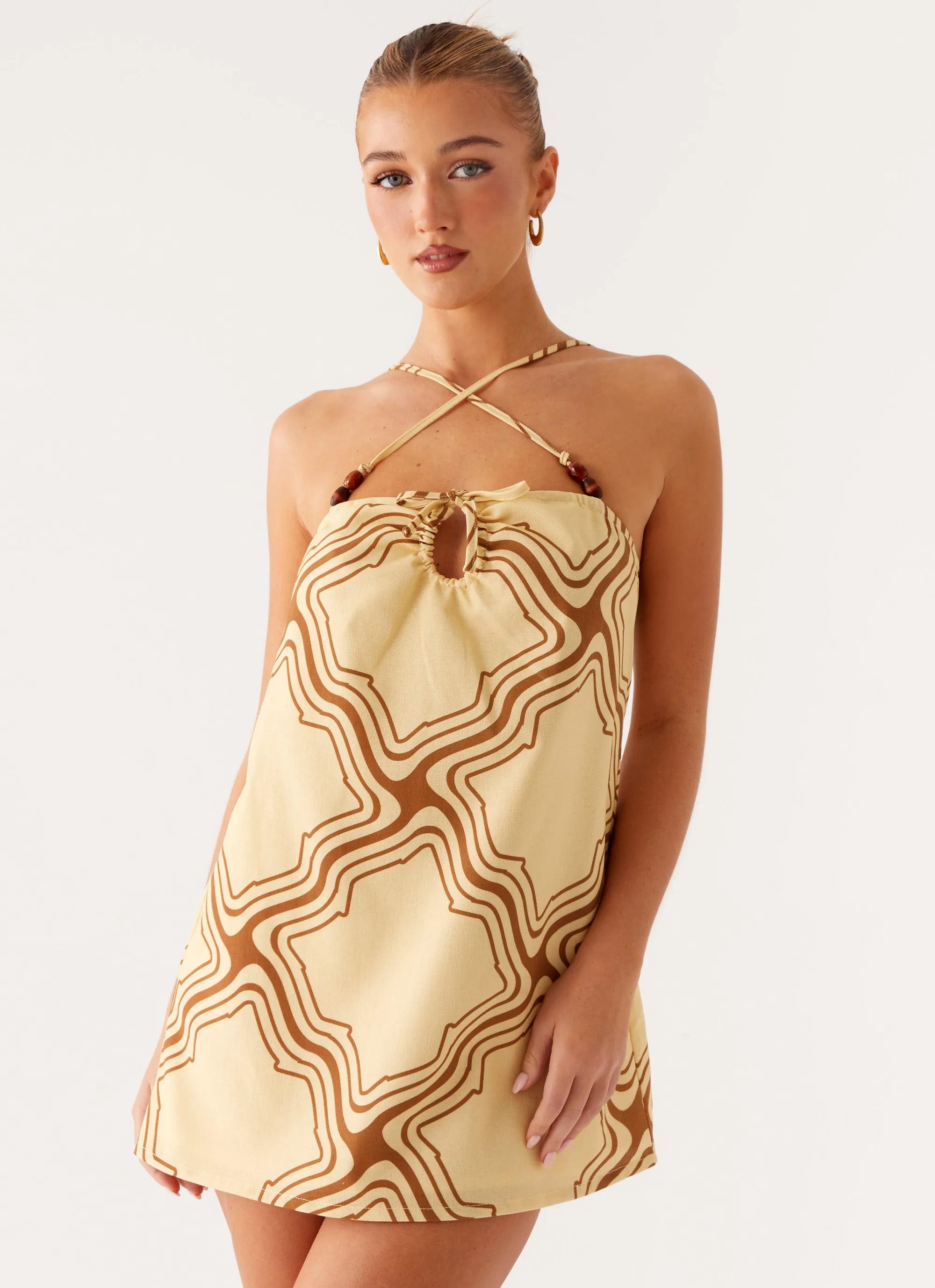 Naomi Criss Cross Mini Dress - Tidal Wave Print City Look Draped Design