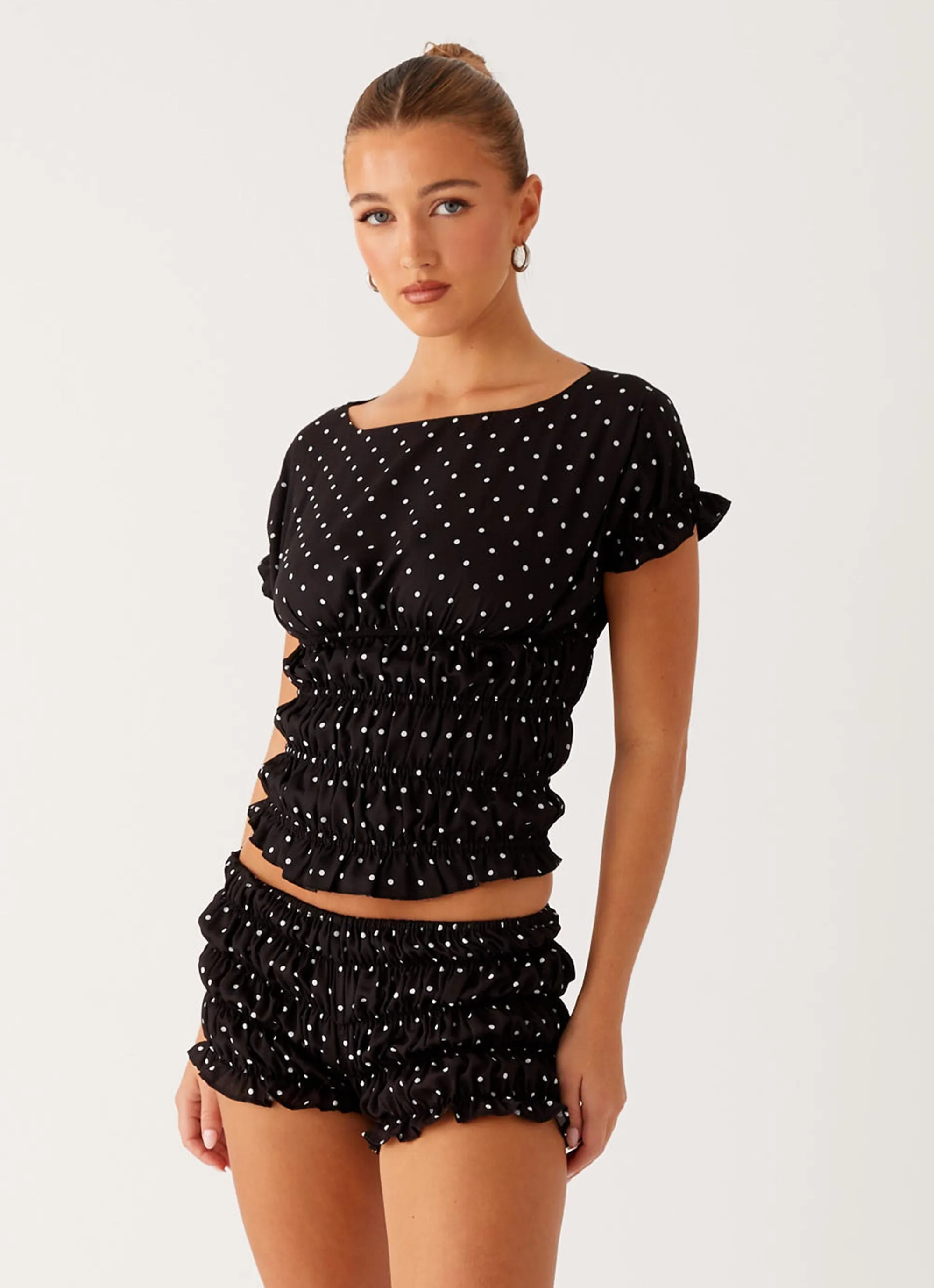 Natalia Ruched Top - Black Polka Dot Lightweight Layering Option Flexible Waistband Adaptation