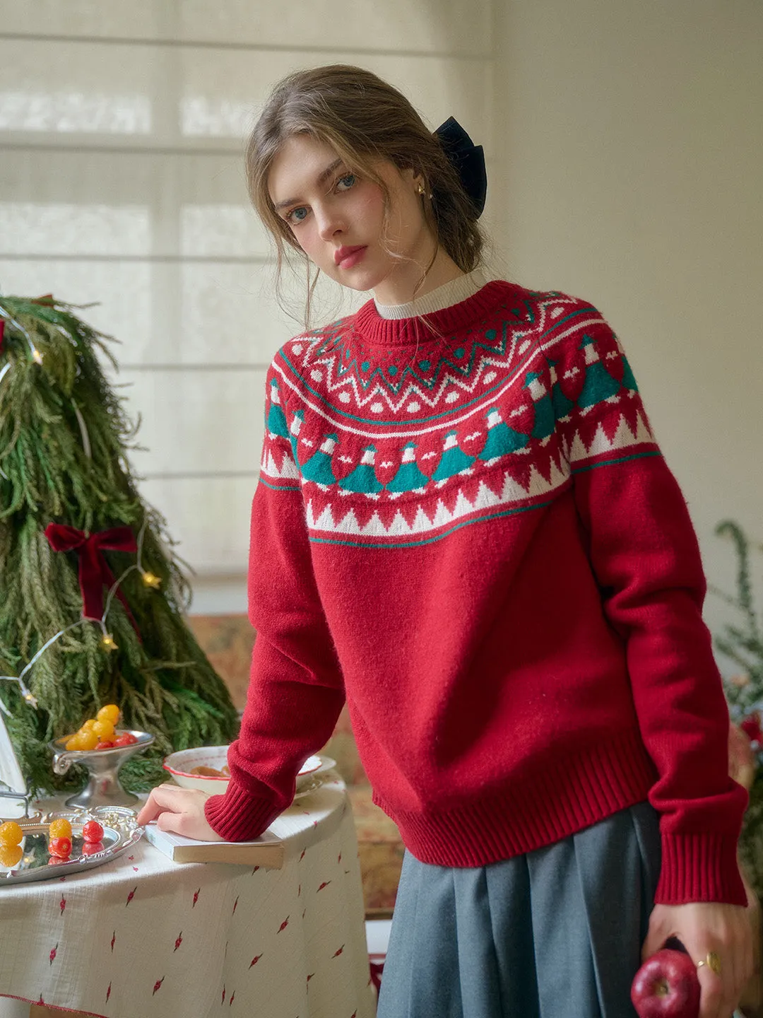 Stylish Hoodie Reinforced Seam Technique Natalie Fair Isle Round Neck Christmas Pattern Wool Sweater - Red