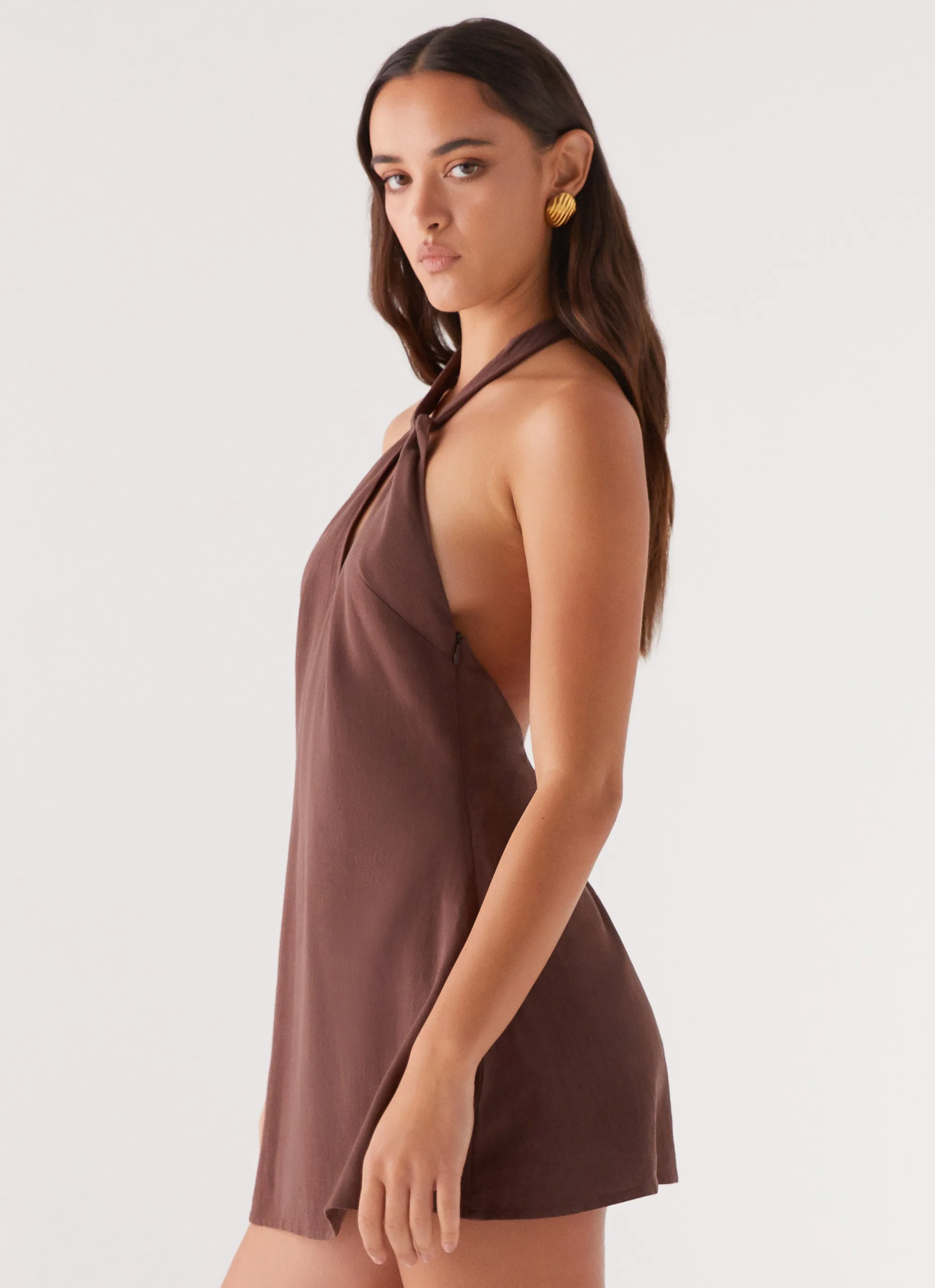 Counting Stars Linen Halterneck Dress - Chocolate Bold Look Shape Enhancing