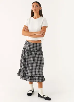 Elevated Casual Soft Lining Laura Midi Skirt - White Black Check