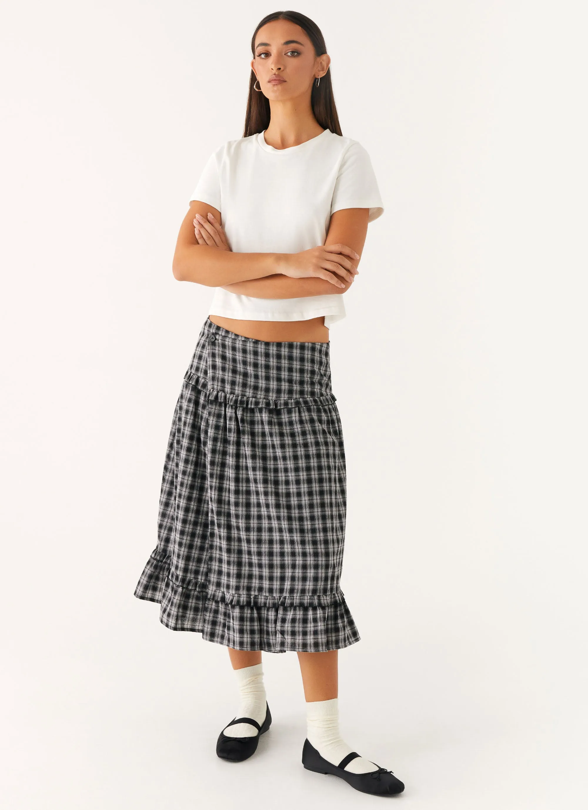 Classic Fit Soft Layers Laura Midi Skirt - White Black Check