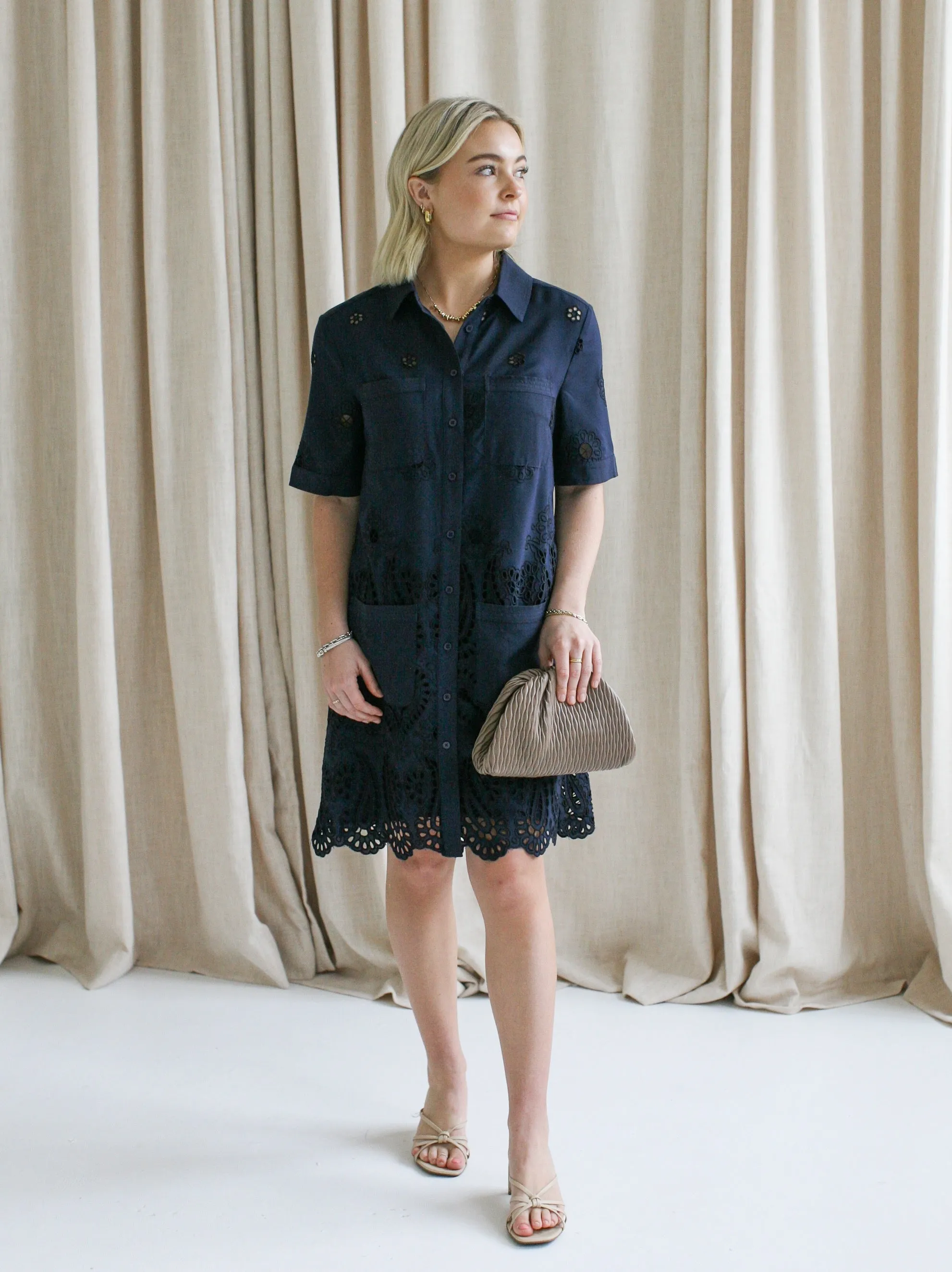 Navy Eyelet Shift Dress Soft Shape