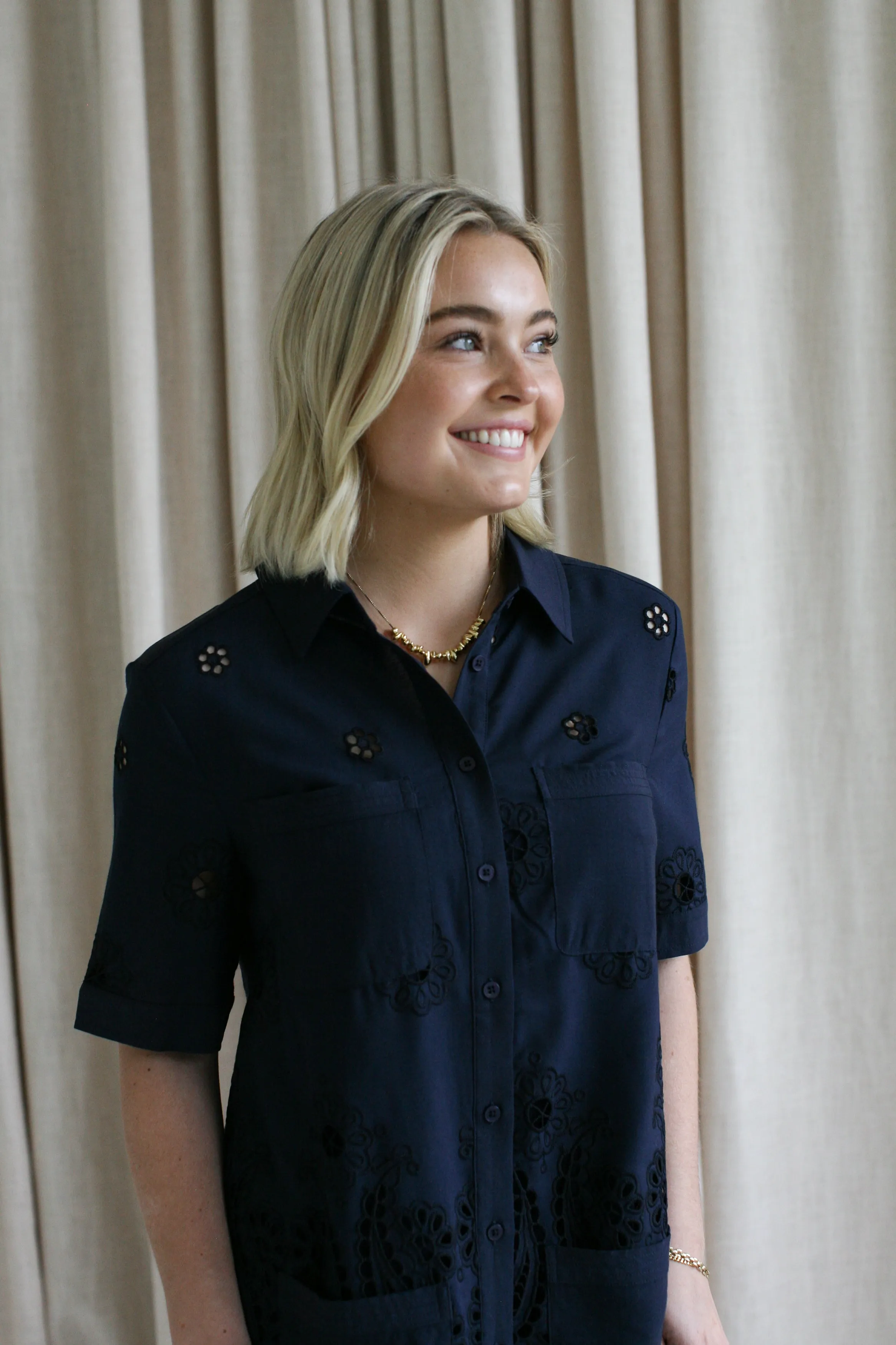 Navy Eyelet Shift Dress Church Proper Cozy Layering