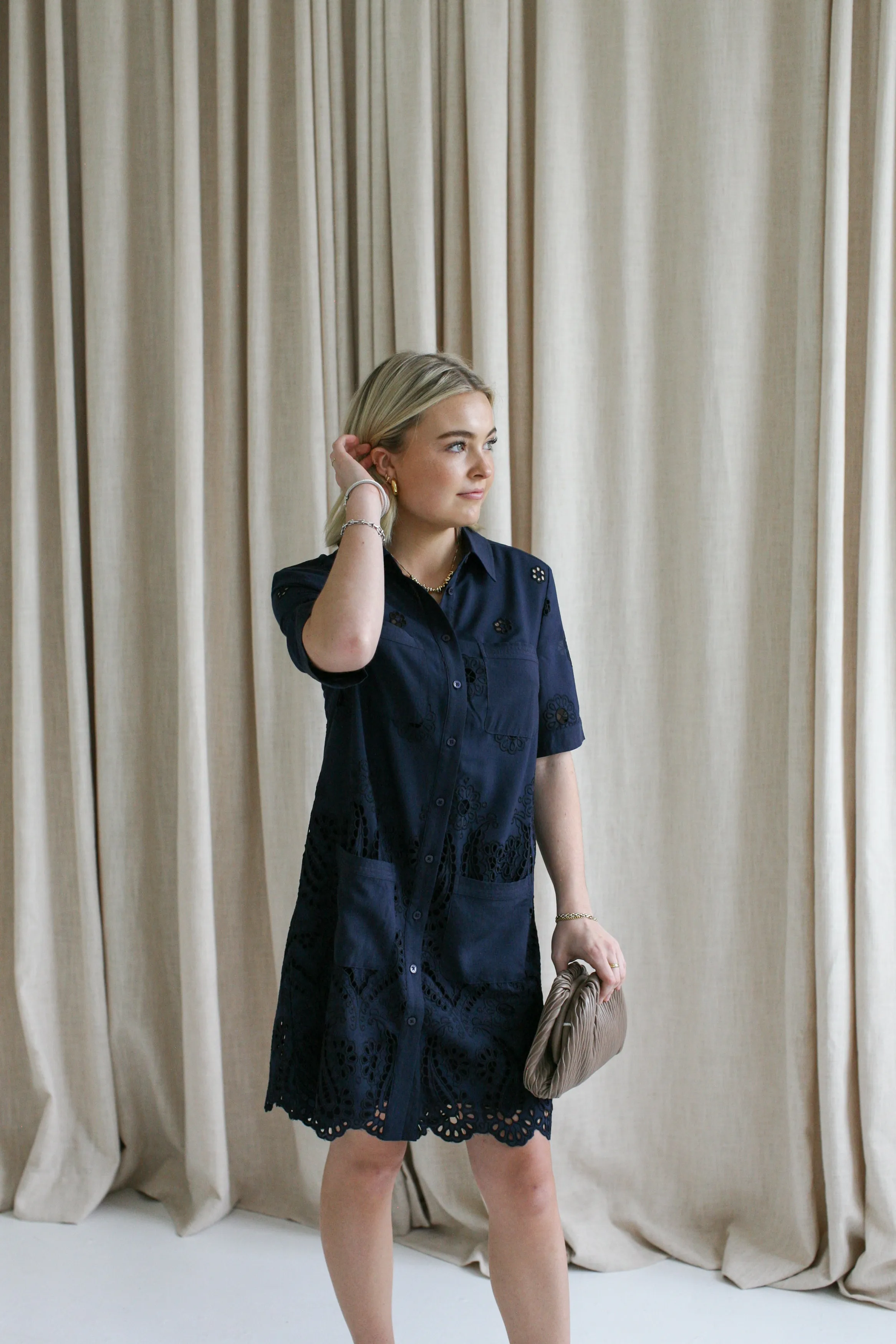 Rural Charm Contrast-Piping Navy Eyelet Shift Dress