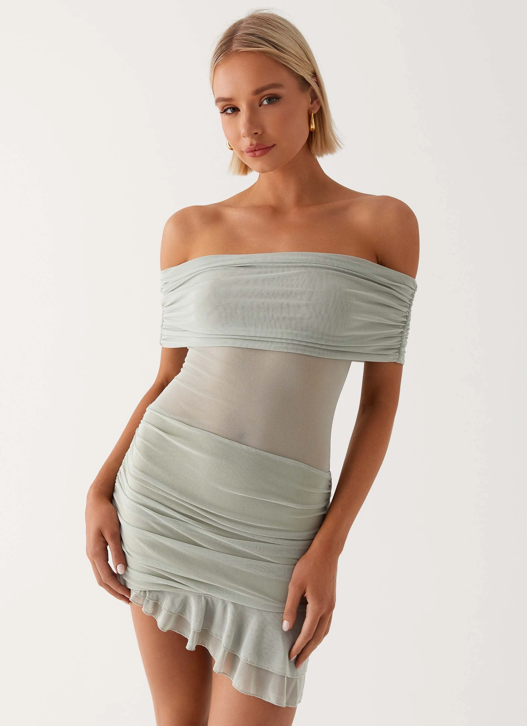 Nelly Off Shoulder Mini Dress - Pistachio A Line Cut Maternity Friendly
