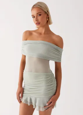 Airy Comfort Sheer Overlay Nelly Off Shoulder Mini Dress - Pistachio