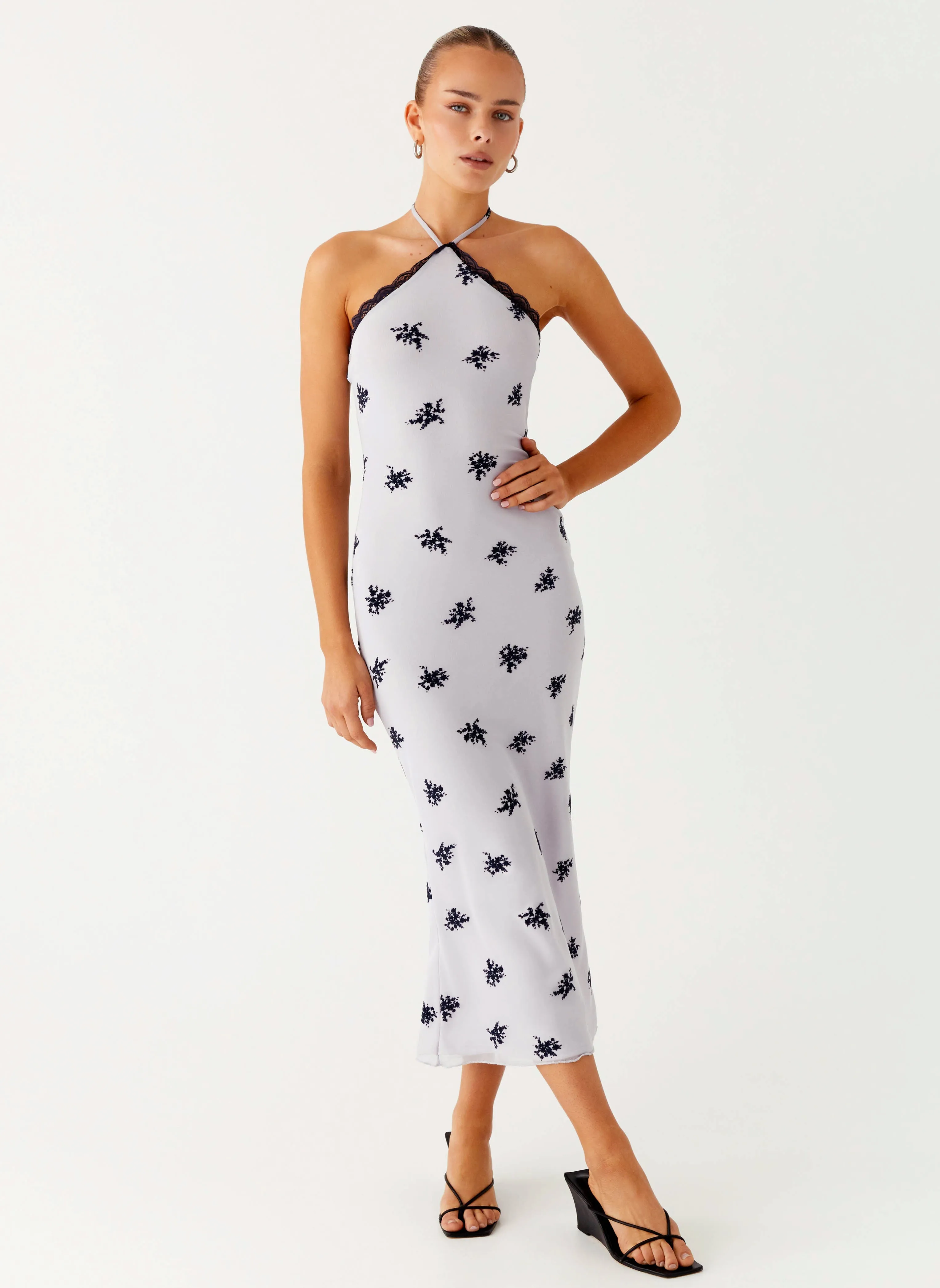 Nestel Flock Halter Midi Dress - Lilac Skin Hug