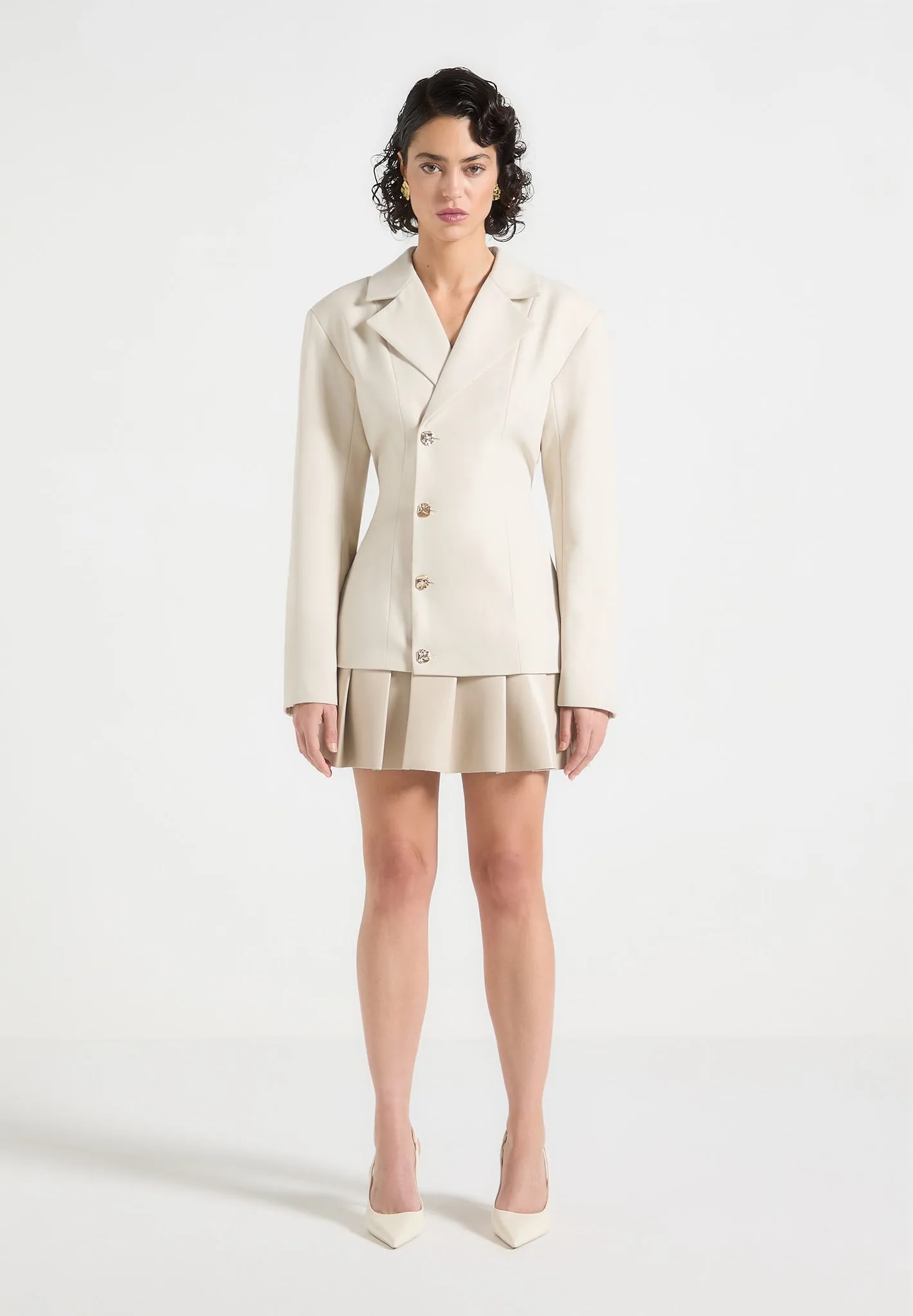 Nicole - Tailored Cinch Blazer Dress with Pleats - Beige Edgy Twist Fresh Form