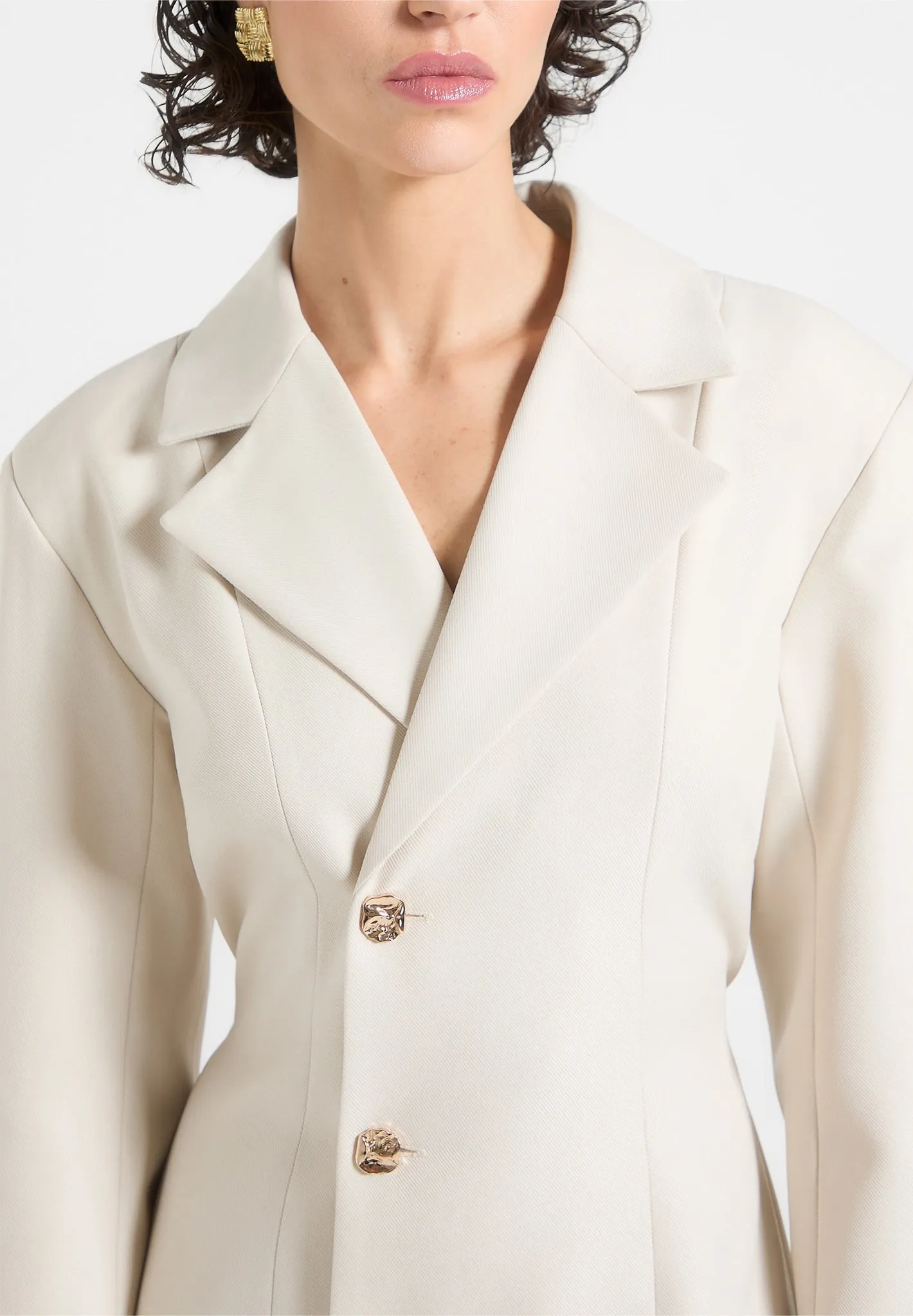 Romantic Soft Neutral Cut Nicole - Tailored Cinch Blazer Dress with Pleats - Beige