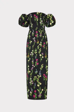 Lace-Sleeve Nira Bloom Embroidery Off The Shoulder Dress