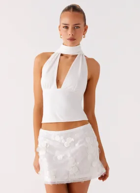 Milos Scarf Halter Neck Top - White Flowy Tunic Non Restrictive Armhole Cut