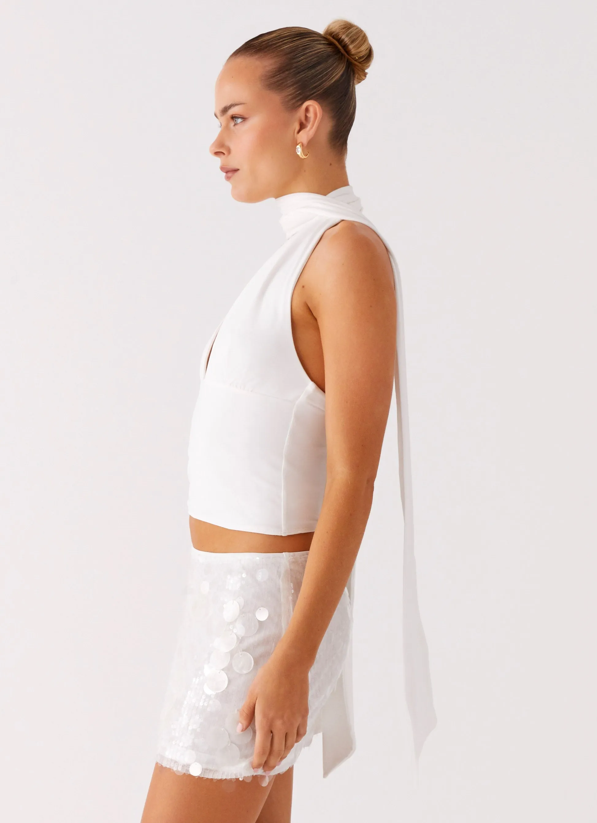 Milos Scarf Halter Neck Top - White Grid Texture Fabric Contoured Armhole Design